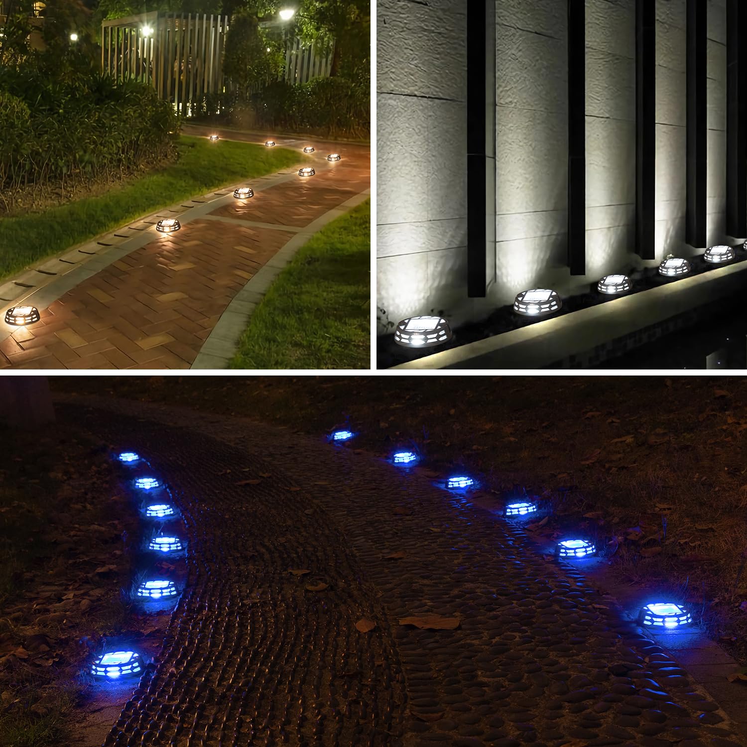 Solar Deck Lights Outdoor - 3 Lighting Modes (Warm/Bright White & Blue), IP67 Waterproof LED Pathway Markers for Driveway, Sidewalk, Garden, Yard & Dock - Perfect for Nighttime Safety and Landscape Lighting