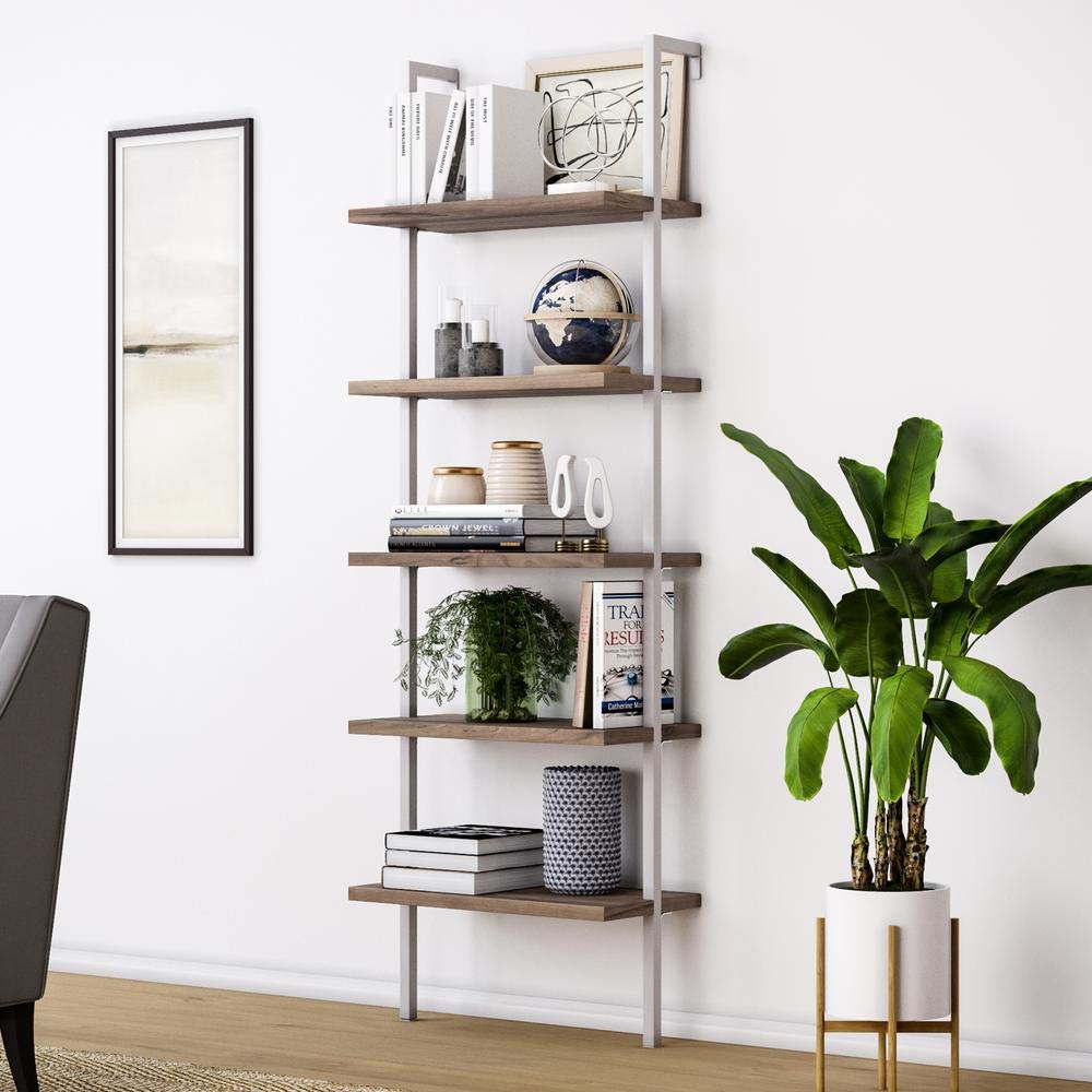 5-Shelf Industrial Ladder Bookcase with Metal Frame - Rustic Vintage Pipe Bookshelf for Home Decor, Open Storage Rack for Plants & Flowers - Perfect for Living Room, Kitchen, Office Furniture (Walnut Finish) - Ideal for Small Space Organization & Stylish Display