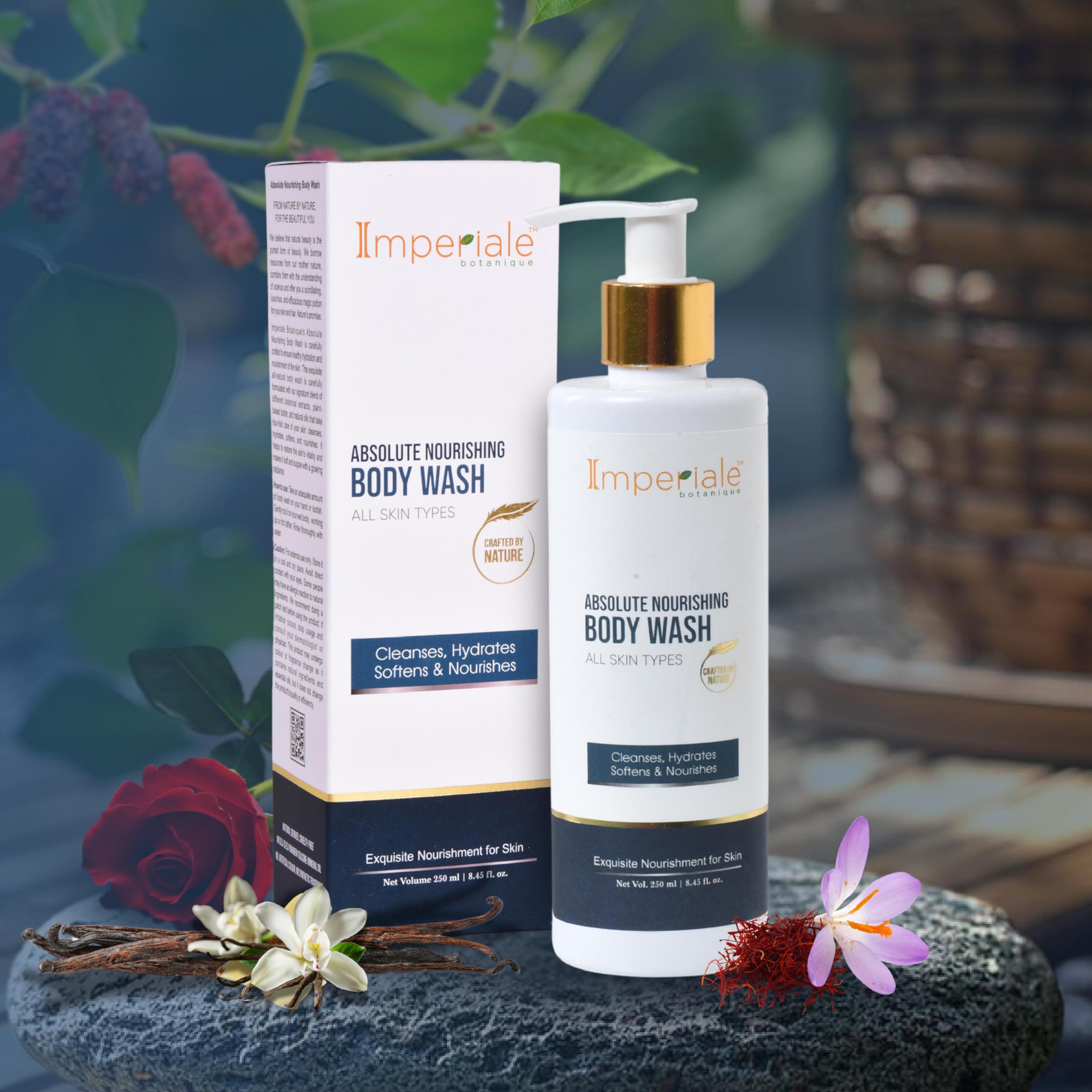 Imperiale Botanique Absolute Nourishing Body Wash with Saffron, Niacinamide & Shea Butter - FDA Approved Deep Moisturizing & Skin Softening Body Wash for Women & Men - 250ml Luxurious Herbal Shower Gel for Radiant Smooth Skin - Perfect for Daily Hydration & Spa-Like Bath Experience
