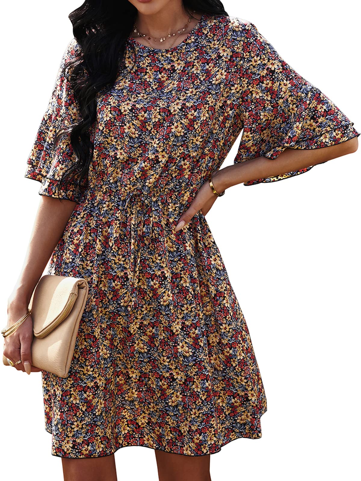 ANRABESS Women's Floral Print Ruffle Mini Dress - Bell Sleeve, Elastic Waist A-Line Swing Dress for Summer Beach Vacation & Casual Outings