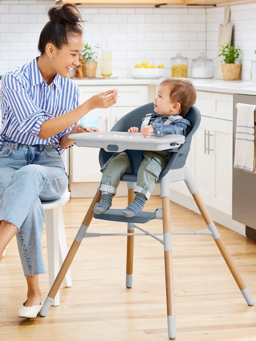 Skip Hop EON 4-in-1 Convertible Baby High Chair - Slate Blue | Adjustable Height, Easy Clean, Space-Saving Design for Small Kitchens & Dining Rooms | Perfect for Infants to Toddlers (6-36 Months)
