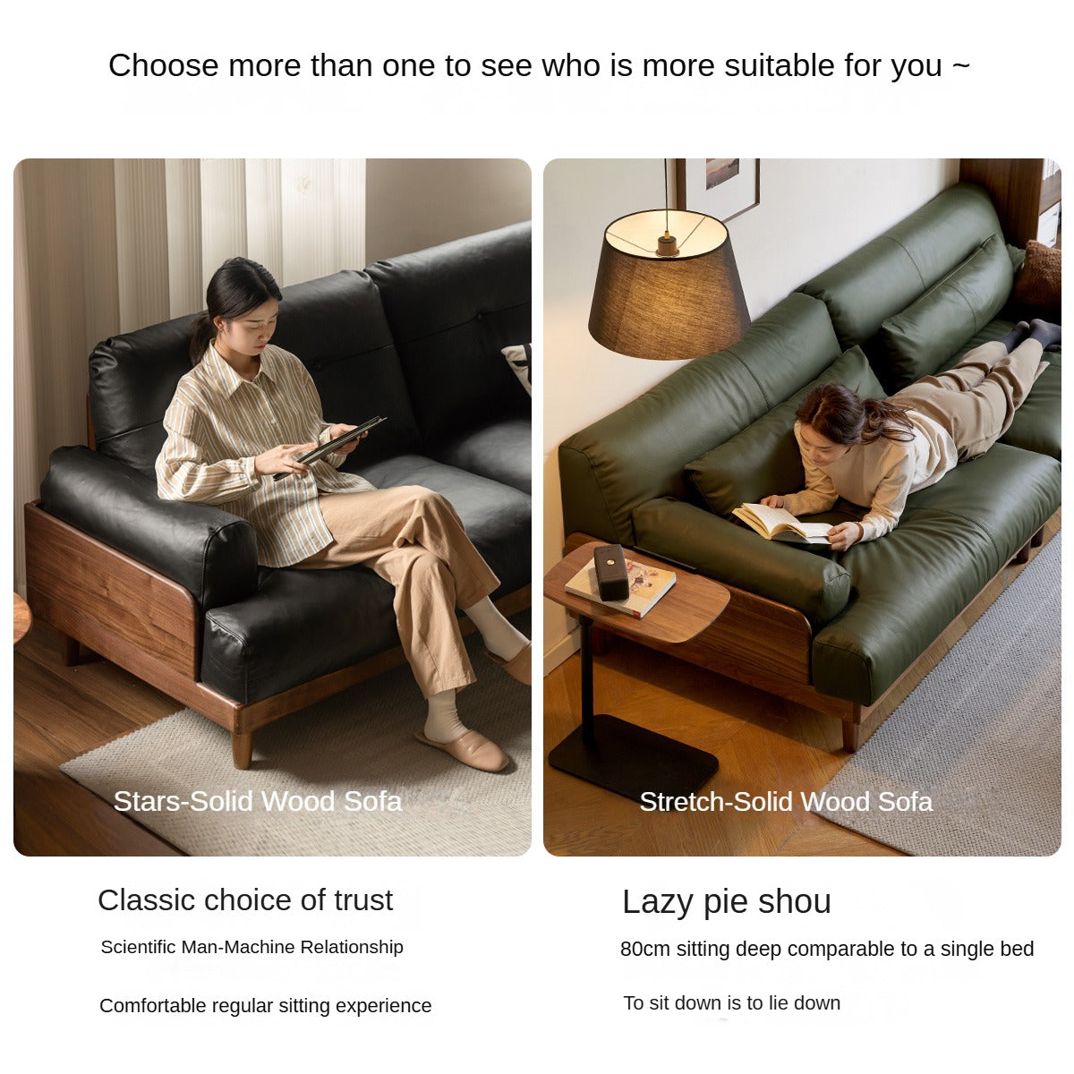 Premium Black Walnut Solid Wood Sofa - Genuine Leather & Fabric Upholstery, Modern Living Room Furniture for Home & Office Comfort