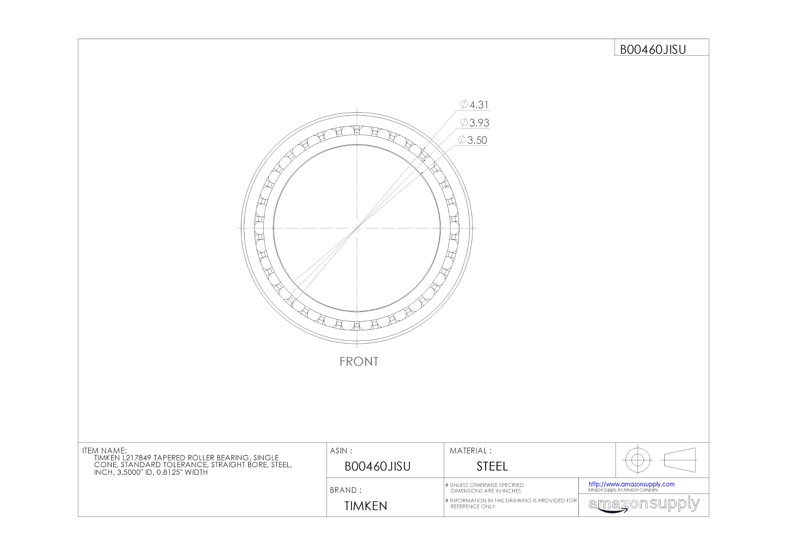 TIMKEN L217849 Tapered Roller Bearing - Single Cone, Steel, Standard Tolerance, 3.5