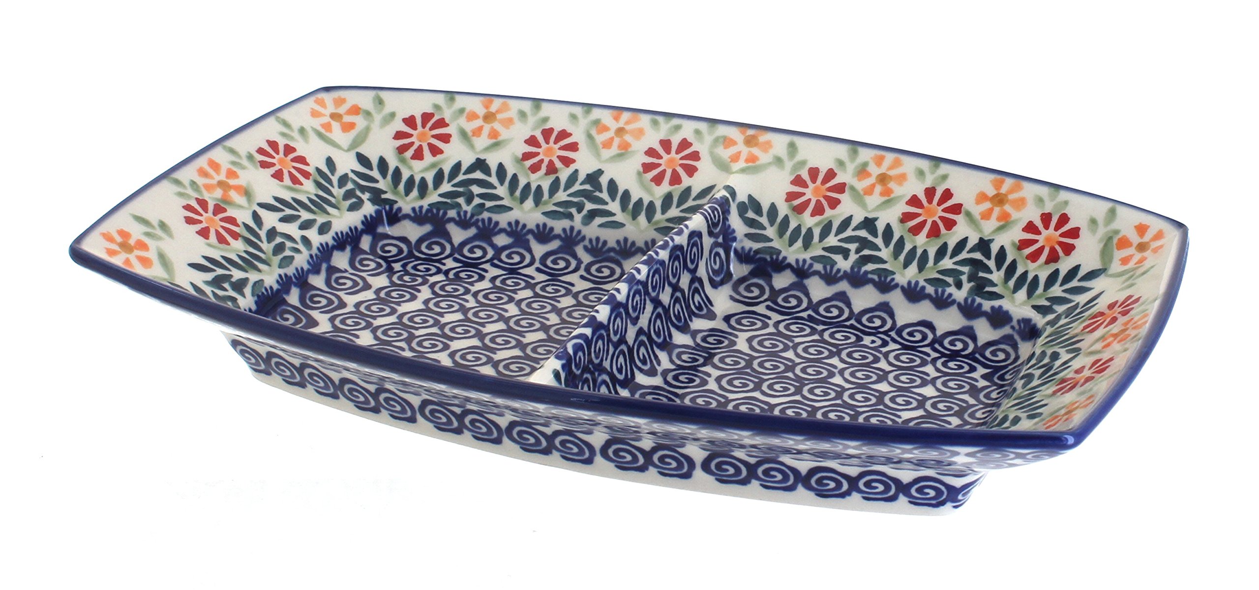 Blue Rose Polish Pottery Divided Serving Dish - Handmade Ceramic Appetizer Plate for Garden Parties, Tea Time & Home Decor
