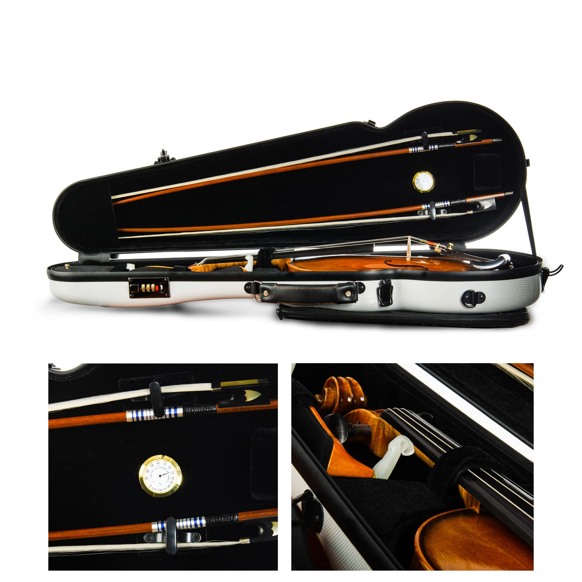 Christina 4/4 Full Size Carbon Fiber Violin Case - High Strength Triangle Hard Case with Combination Lock & Extra Bag (White with Dot Pattern) | Professional Violin Storage & Travel Protection for Musicians
