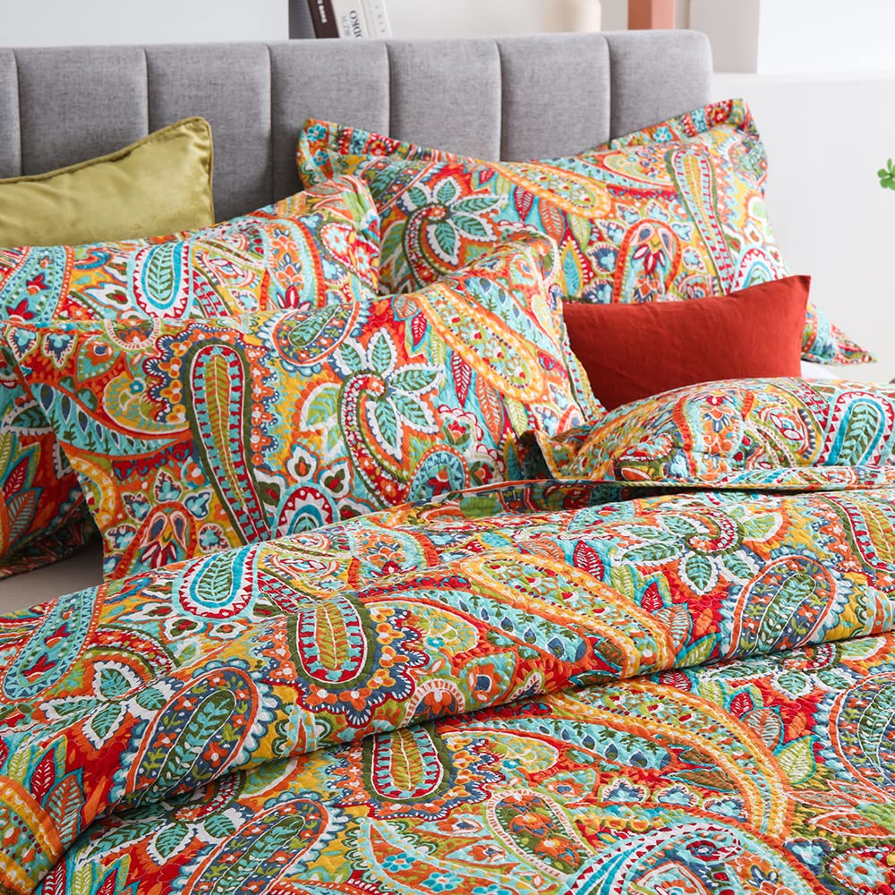Autumn Dream Cotton Bedspread Quilt Set - 3 Piece Reversible Comforter Coverlet Set with Gorgeous Yellow Paisley Design, King Size - Perfect for Fall Bedroom Decor & Cozy Seasonal Home Styling