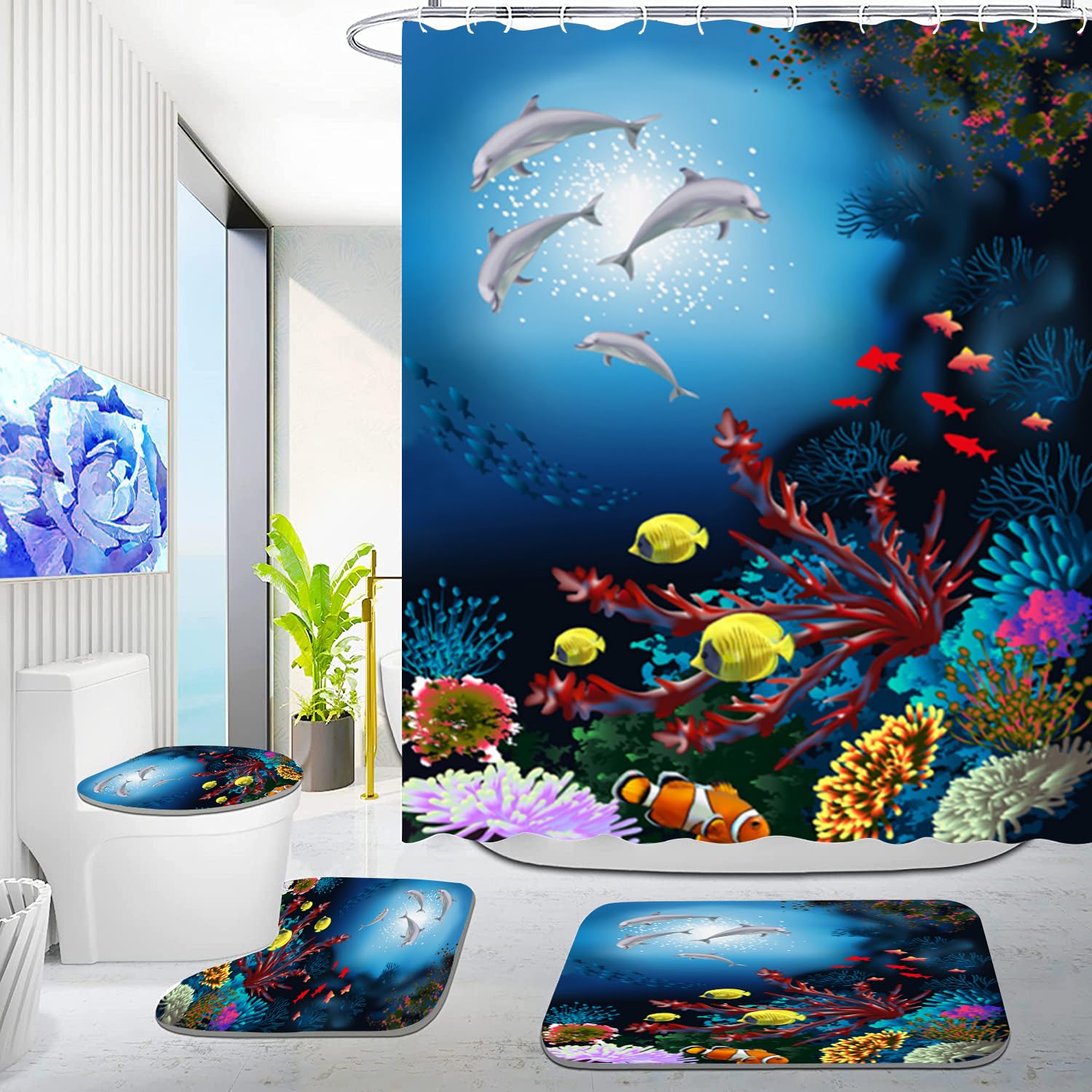 Blue Ocean Bathroom Sets for Kids - Shower Curtain with White Dolphins & Fish, Bath Mat, Toilet Seat Cover & Rugs | Boys & Girls Coastal-Themed Bathroom Decor | Perfect for Beach House, Nursery or Kids' Bathroom Makeover