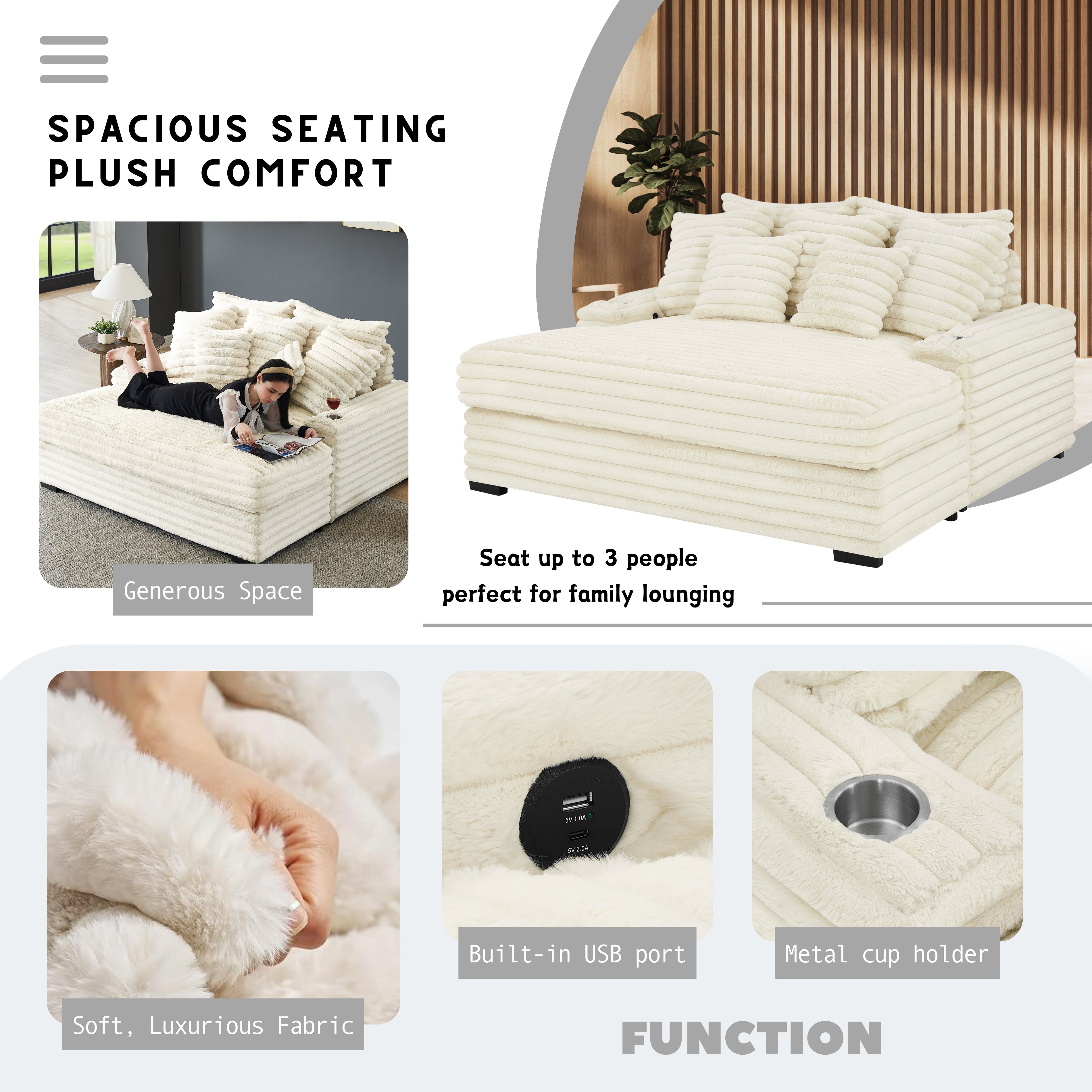 Roundhill Furniture Gaviella Plush Wide Wale Corduroy Oversized Multi-Functional Chaise Lounge - Comfortable Sofa Bed for Living Room, Bedroom & Home Theater Relaxation