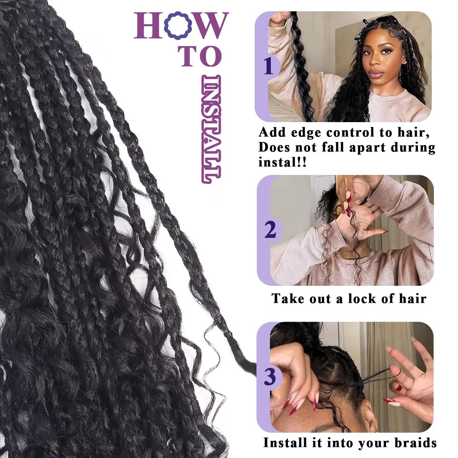 100% Human Hair Extensions for Boho Braids - 3 Bundles Deep Water Wave 12A Wet & Wavy Curly Hair (18inch, 120g, Natural Color) | Perfect for Protective Styles, Weaves & Everyday Glam