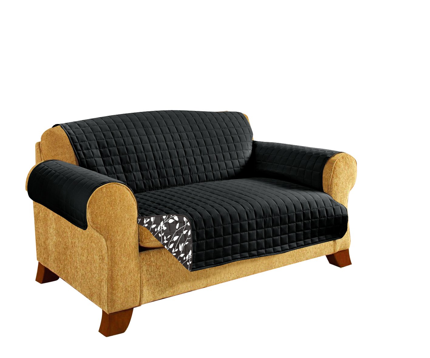 Quilted Sofa Protector for Pets & Kids - Non-Slip 2-Tie Design, Ultra Soft Microfiber Fabric (Black Leaf Pattern) | Perfect for Living Room Furniture Protection Against Pet Hair & Spills