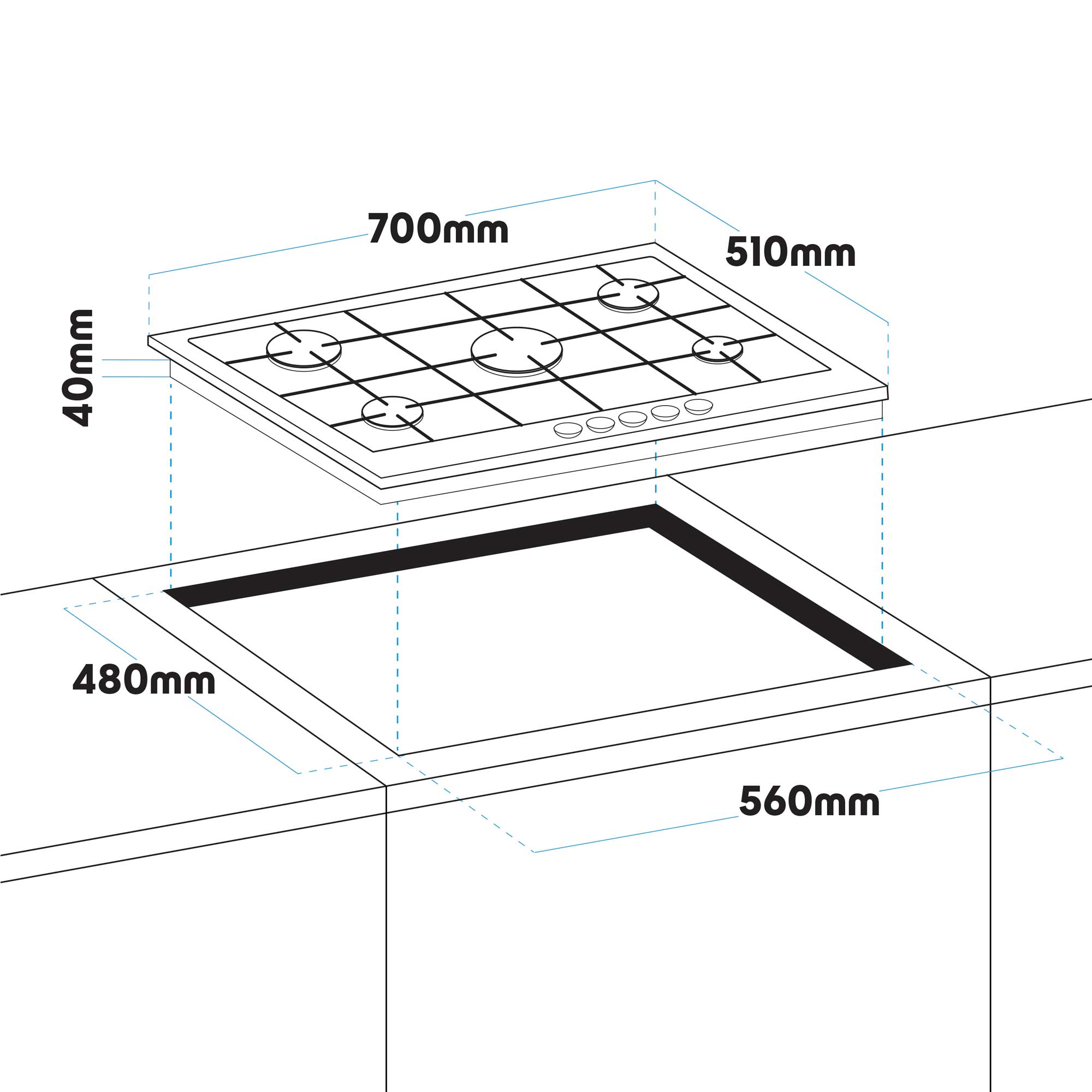 Baridi 70cm Built-In Gas on Glass Hob - 5 Burner Cooktop with Cast Iron Pan Supports, Black Glass Surface - Perfect for Modern Kitchens & Professional Cooking | Model DH228