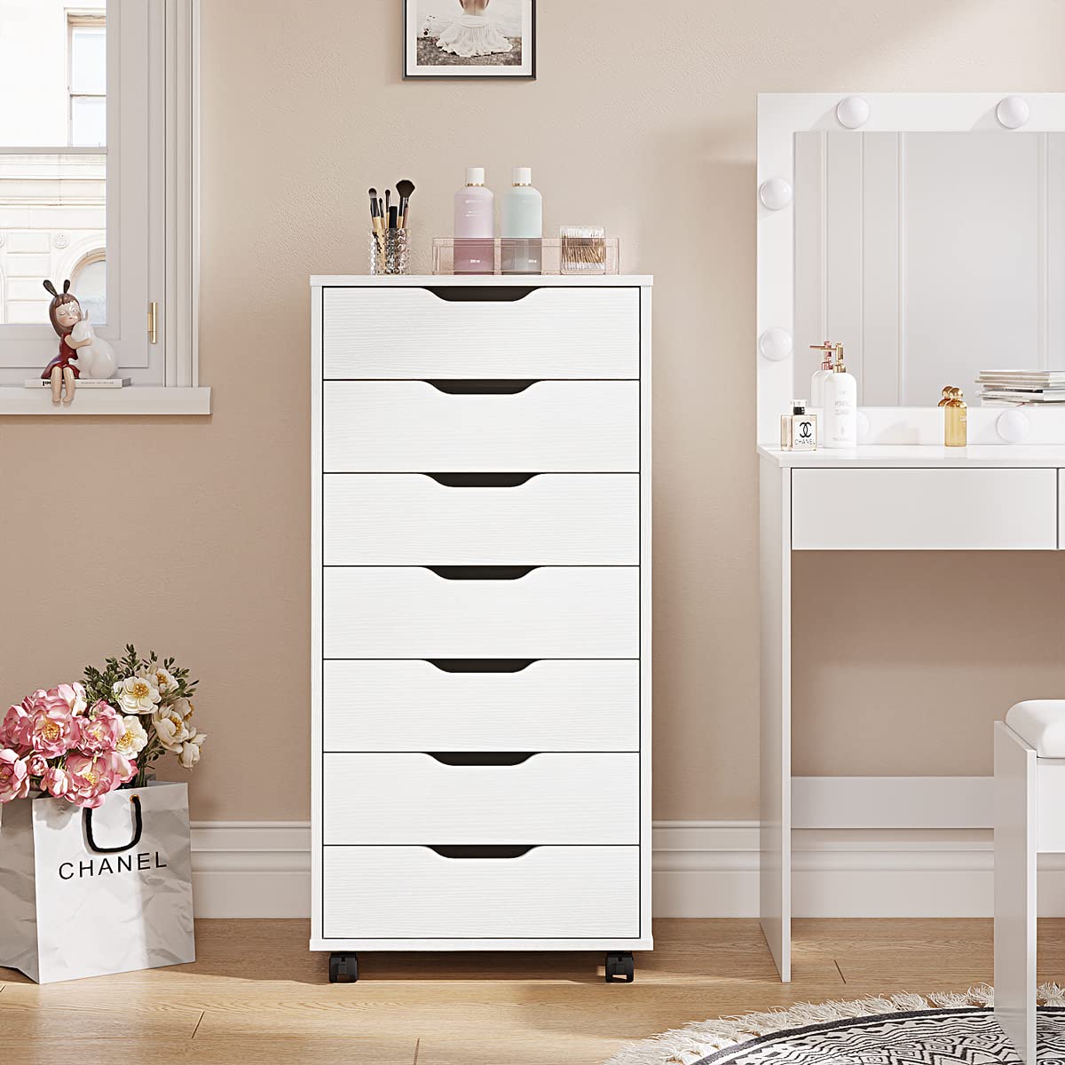 Panana 5/7 Drawer Wooden Chest - Tall Dresser Storage Cabinet with Wheels for Bedroom & Office Organization - White 7-Drawer Dresser for Clothes, Towels & Home Storage