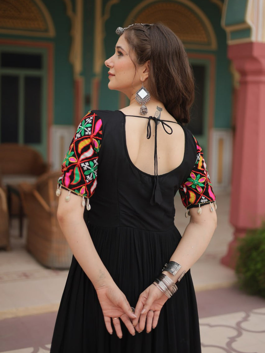 Black Faux Georgette Embroidered Gown for Navratri Festival - Elegant Heavy Ready-to-Wear Dress for Puja Celebrations & Special Occasions