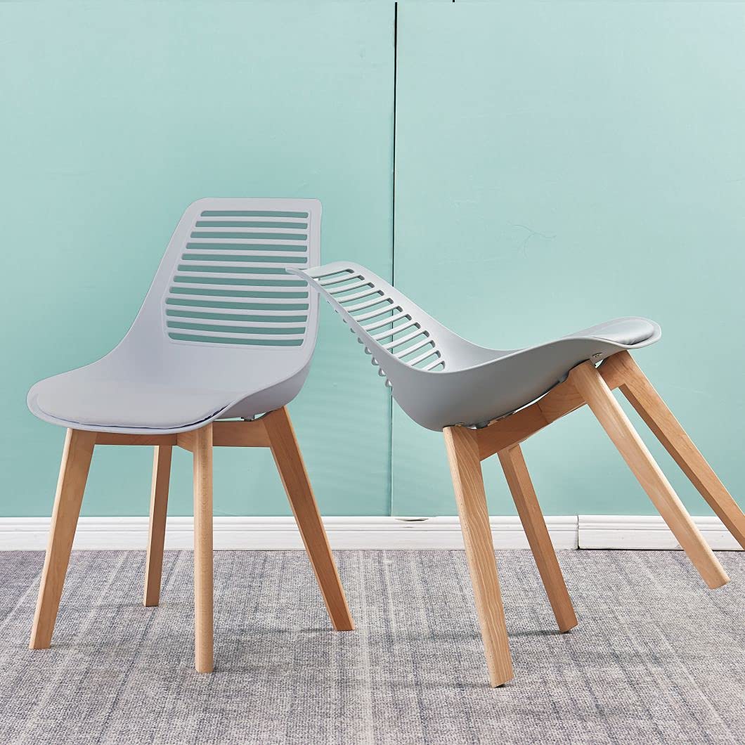 Modern Dining Chairs Set of 2 - Wooden Leg Mid Century Design, Soft Padded Seat with Plastic Back - Gray Kitchen & Living Room Chairs for Home, Restaurant, or Office Use