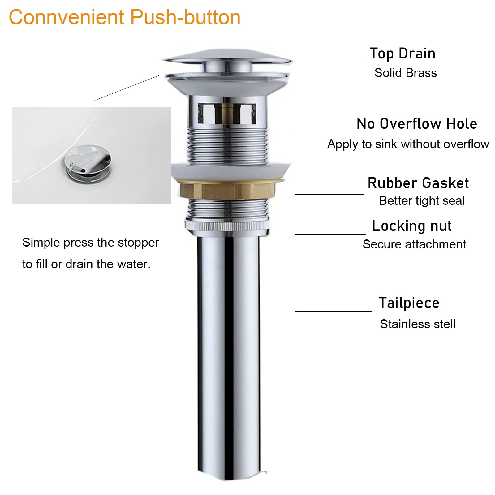 Chrome Pop Up Drain Stopper with Overflow - Bathroom Sink Drain Stopper for Lavatory Vanity - Perfect for Bathroom Sink, Kitchen Sink & Bathtub Drainage