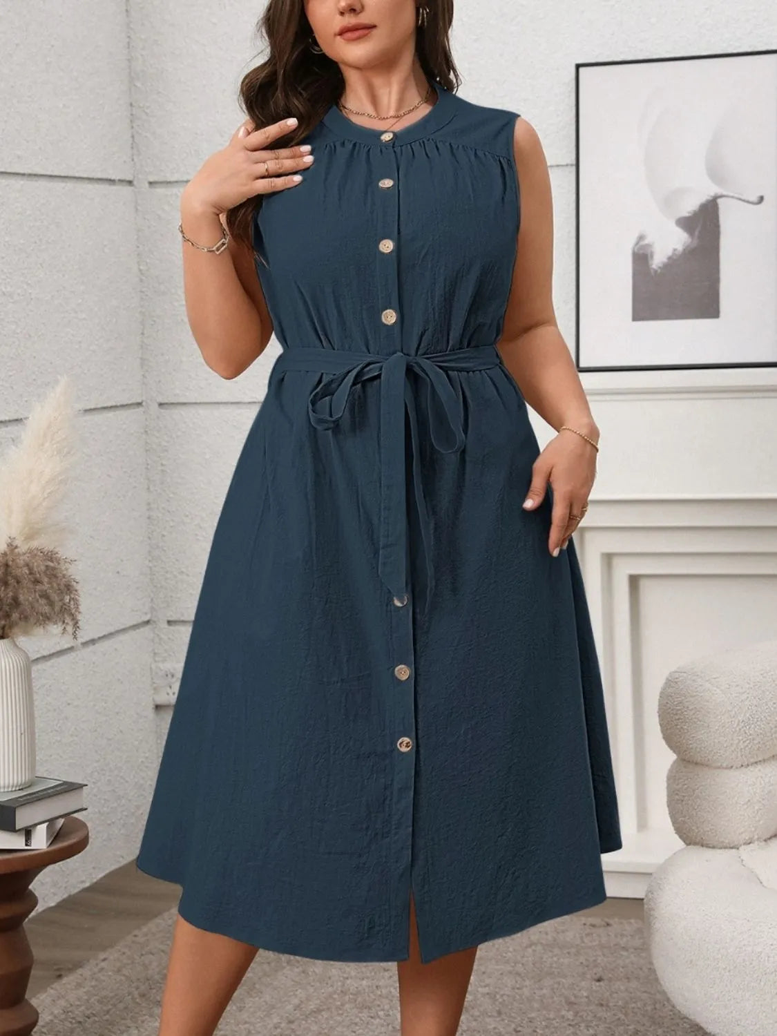 Plus Size Button Front Tie Waist Sleeveless Dress for Women - Flowy Summer Midi Dress for Casual Outings, Beach Vacations & Special Occasions