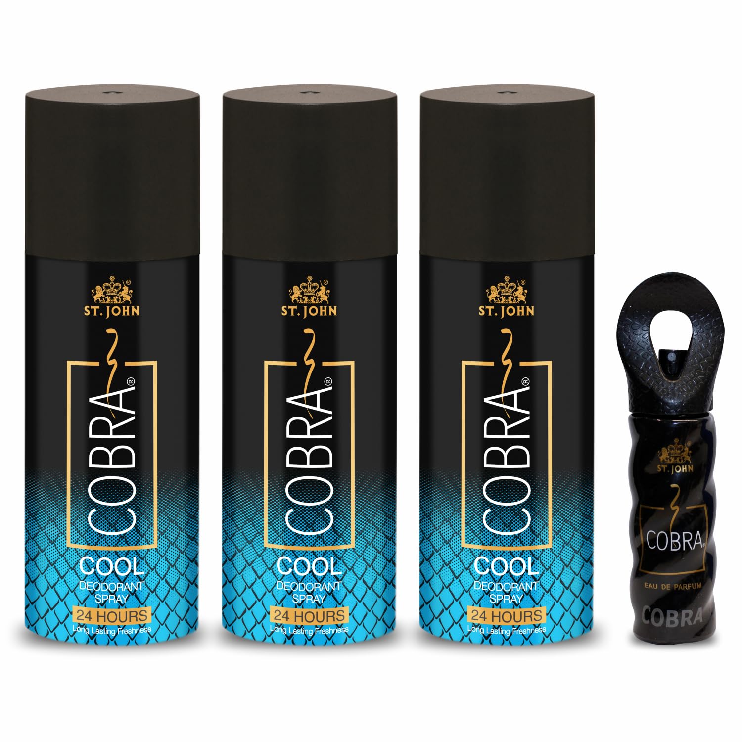 ST.JOHN COBRA Perfume Body Spray for Men & Women - Long Lasting Fragrance Set (150ml x3 + 15ml x4) | Fresh Scent for Day & Night, Gym, Office & Date Night | Unisex Cologne Gift Set