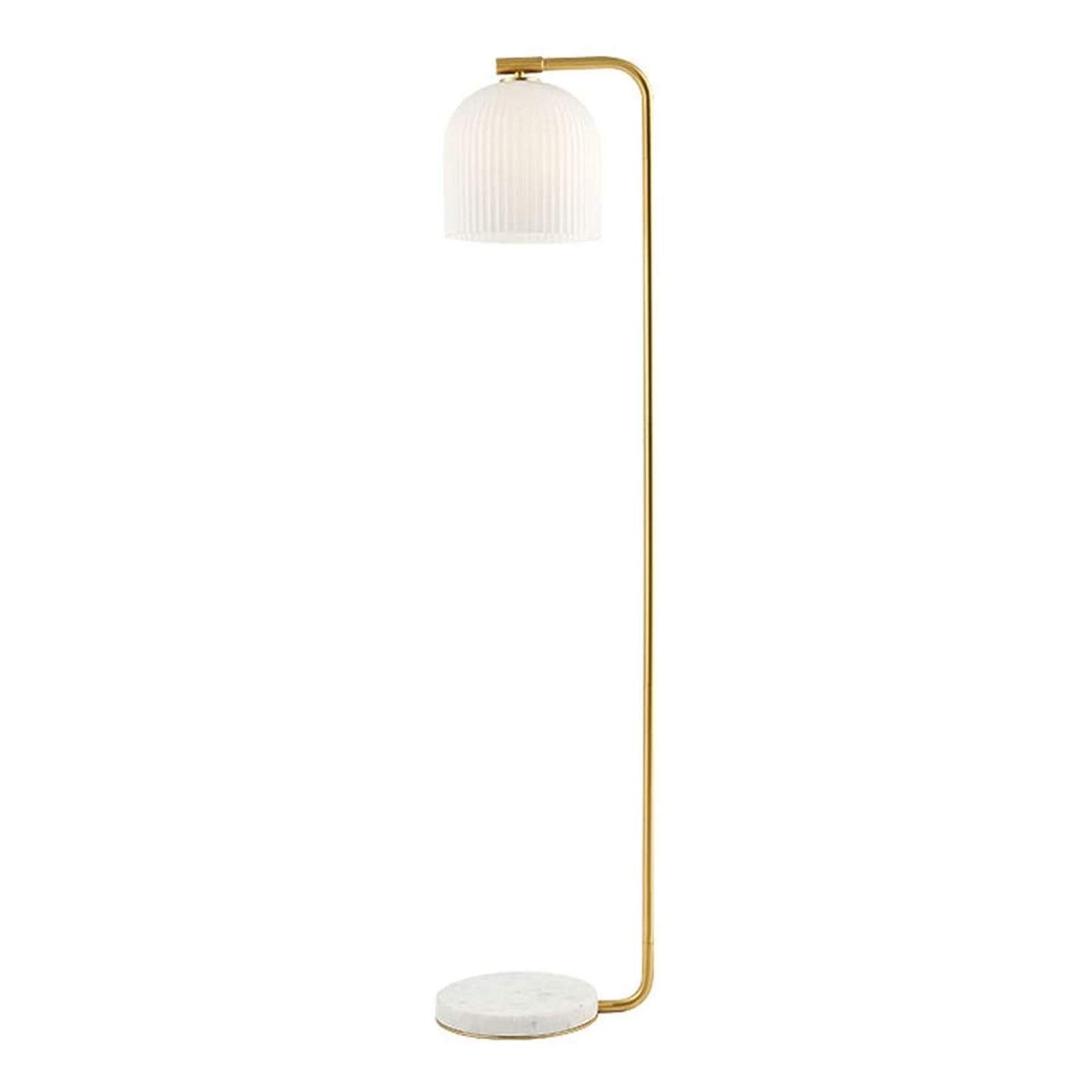 Modern Arch Floor Lamp with Striped White Jade Glass Shade - LED Standing Light for Living Room, Bedroom, Office & Study - Golden Finish Indoor Pole Lamp for Home Decor & Reading Nook