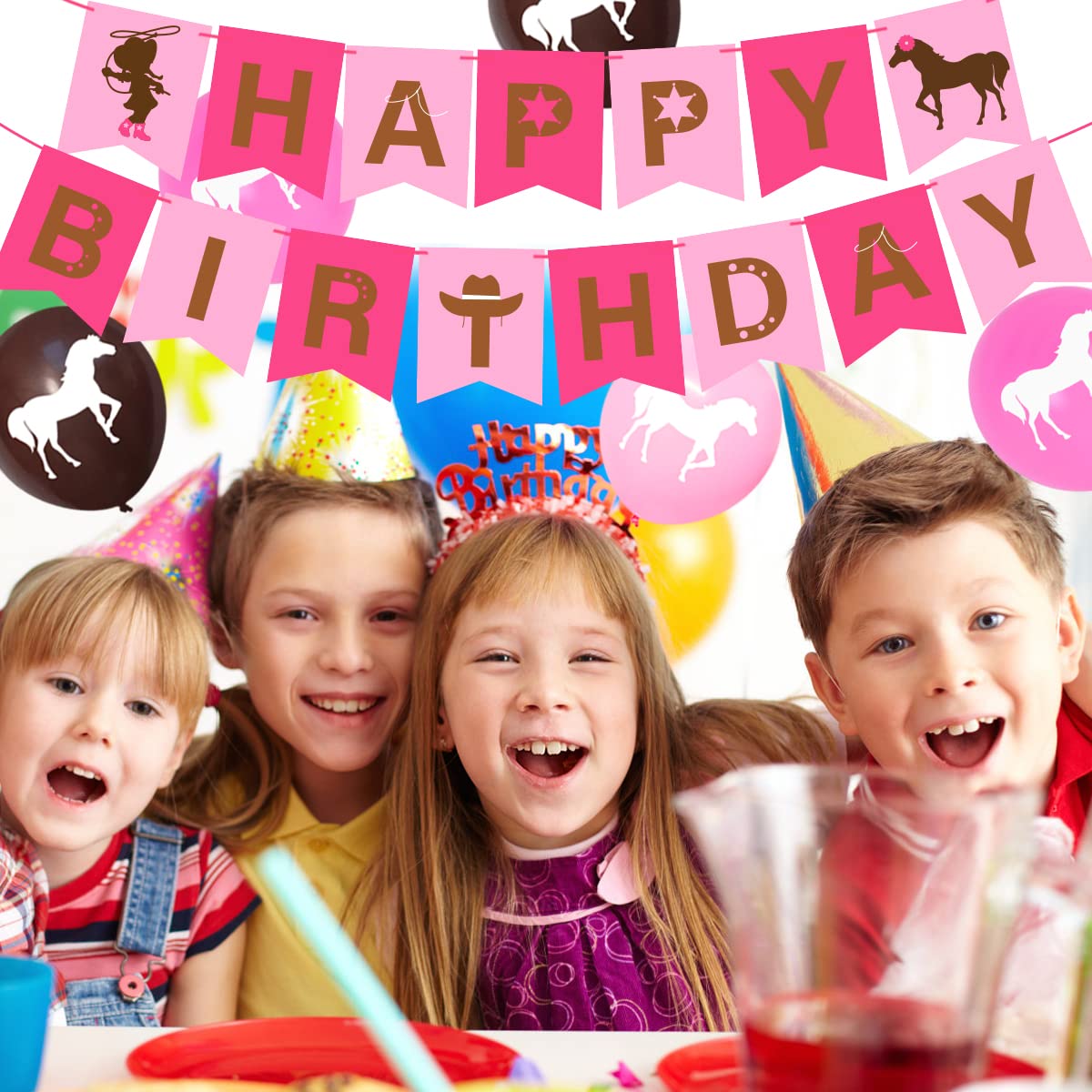 Western Cowgirl Party Decorations Set - Horse Birthday Supplies with Garland, Pink Balloons & Happy Birthday Banner for Western Theme Parties, Baby Showers & Cowgirl-Themed Events
