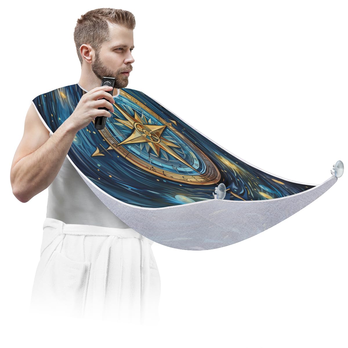 Men's Beard Shaving Bib & Hair Dye Apron - Oil Painting Compass Design Barber Cape for Haircut, Makeup & Beard Trimming - Sink Hair Catcher & Grooming Tool for Barbershops & Home Use