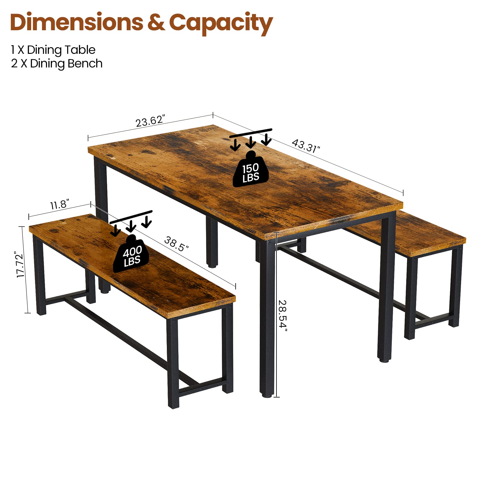 DKLGG 3-Piece Wooden Dining Table Set with 2 Benches for 4 People - Rustic Brown Kitchen Table & Chairs with Sturdy Metal Frame - Perfect for Small Spaces, Apartments, Restaurants & Cozy Dining Rooms