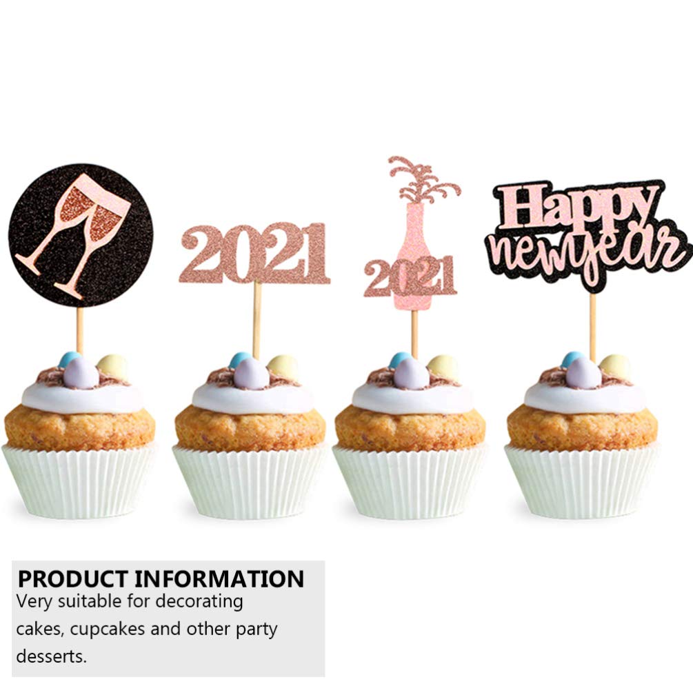 16pcs 2021 New Year Cake Toppers - Glitter Cake Decorations, Lovely Dessert Supplies for Party, Wedding & Birthday Cakes - Includes Cake Inserted Cards for New Year Celebrations