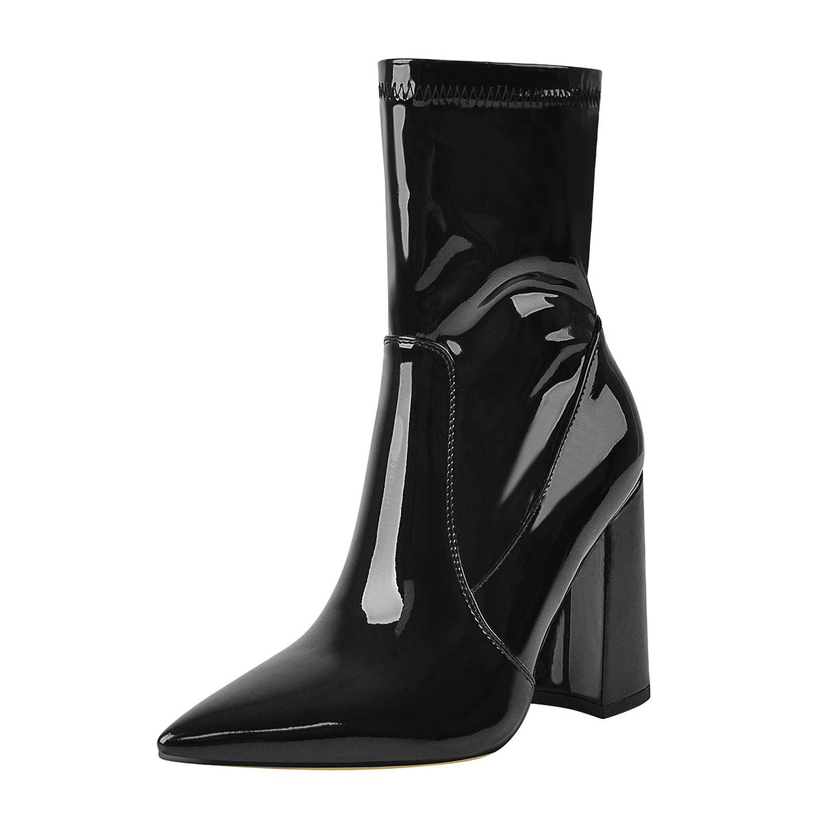 OnlyMaker Women's Transparent Chunky Ankle Boots - Black Patent Leather Block Heel Winter Boots with Side Zipper, Size 6 | Fashionable & Comfortable for Casual Outings, Office Wear & Night Events