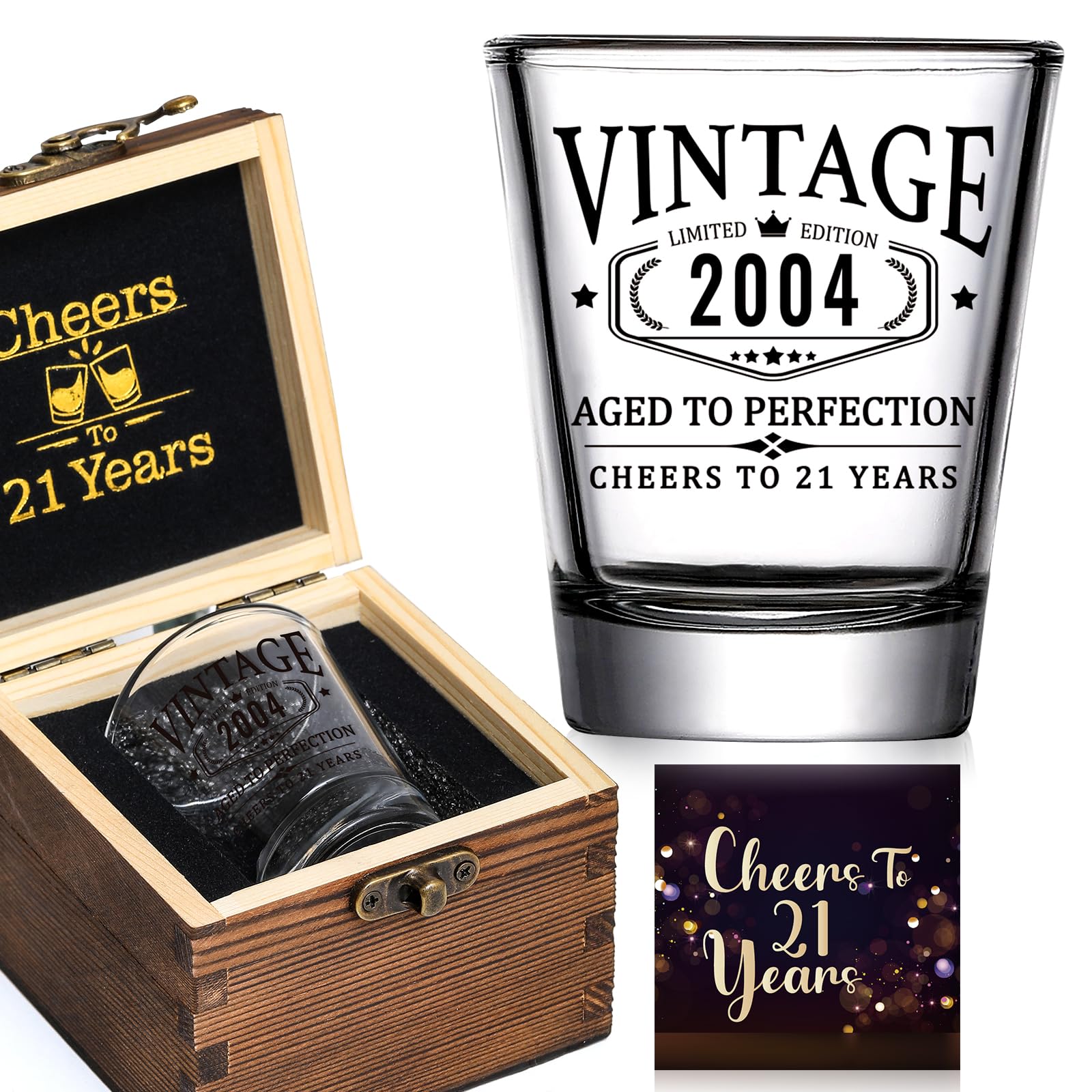 Vintage 2004 Limited Edition 21st Birthday Shot Glass Set with Wooden Box - Unique Turning 21 Gifts for Men, Women, Brothers & Friends - Perfect for 21st Birthday Parties, Celebrations & Decorations