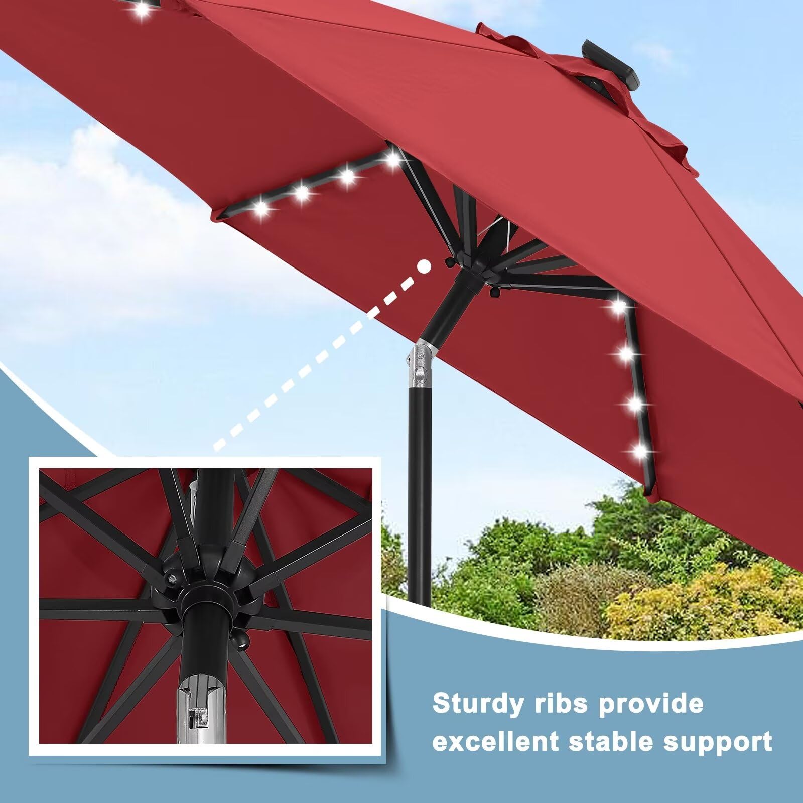 Durable 9FT Solar LED Patio Umbrella with 32 LED Lights - Burgundy Color for Outdoor Dining, Poolside Relaxation & Backyard Parties
