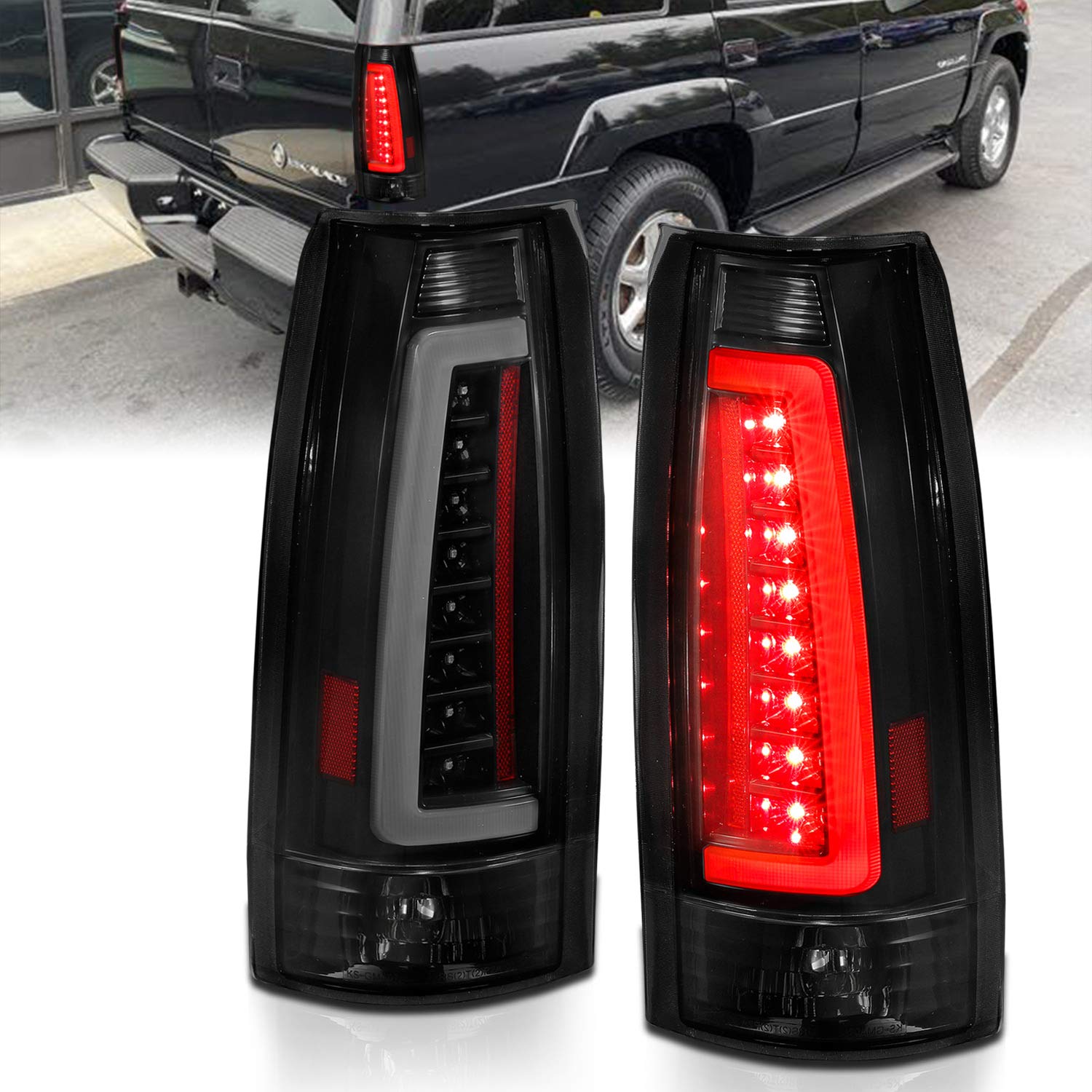 AmeriLite LED Tail Lights for 1988-1999 Chevy GMC C/K Truck, Blazer, Tahoe, Suburban, Yukon, Escalade - Dark Black C-Type Tube Design (Pair) - Perfect for Night Driving and Custom Truck Upgrades