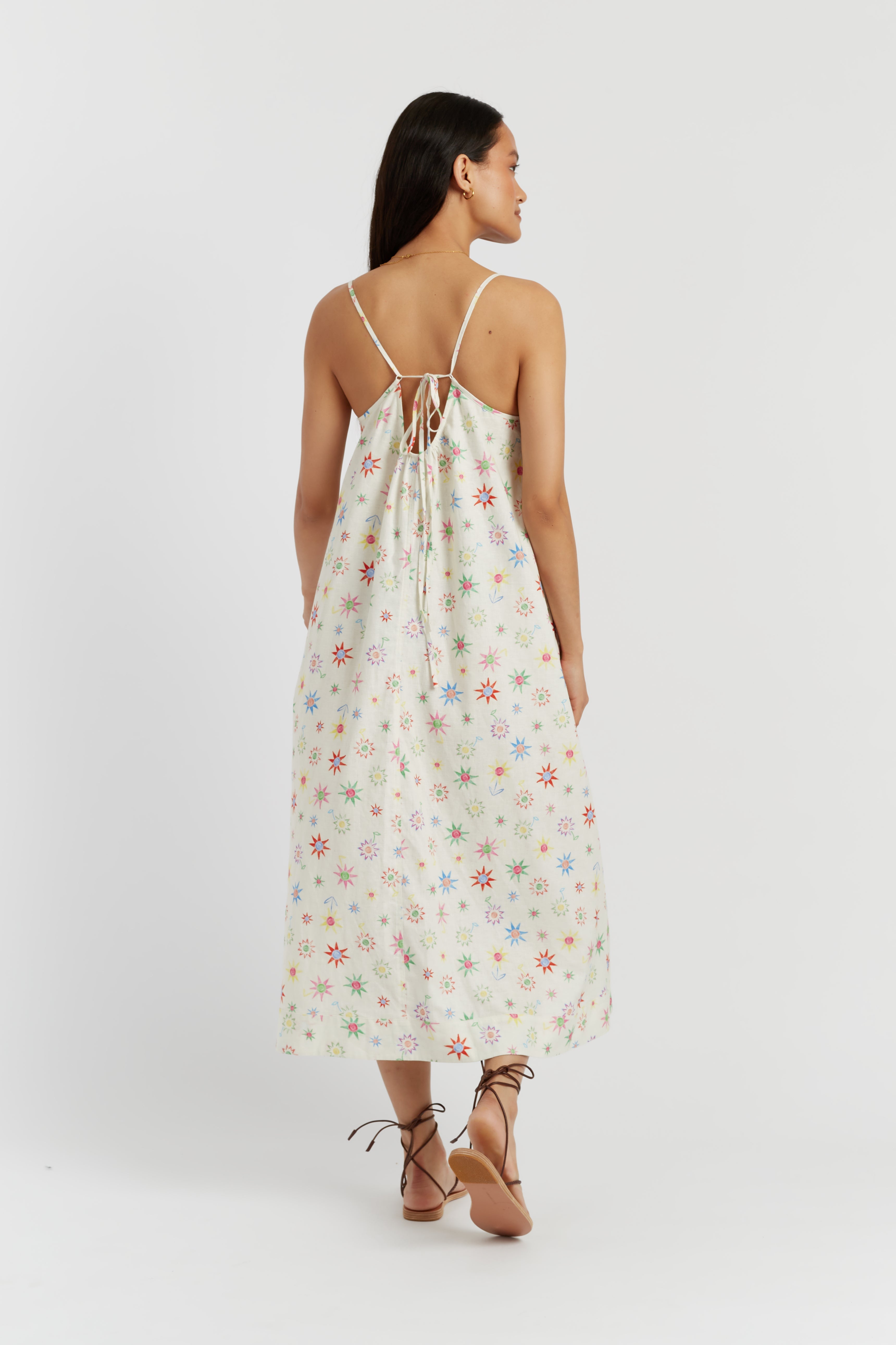 Stylish Cream Linen Cotton Etoile Sundress for Women - Perfect for Beach Vacations, Summer Parties & Casual Outings