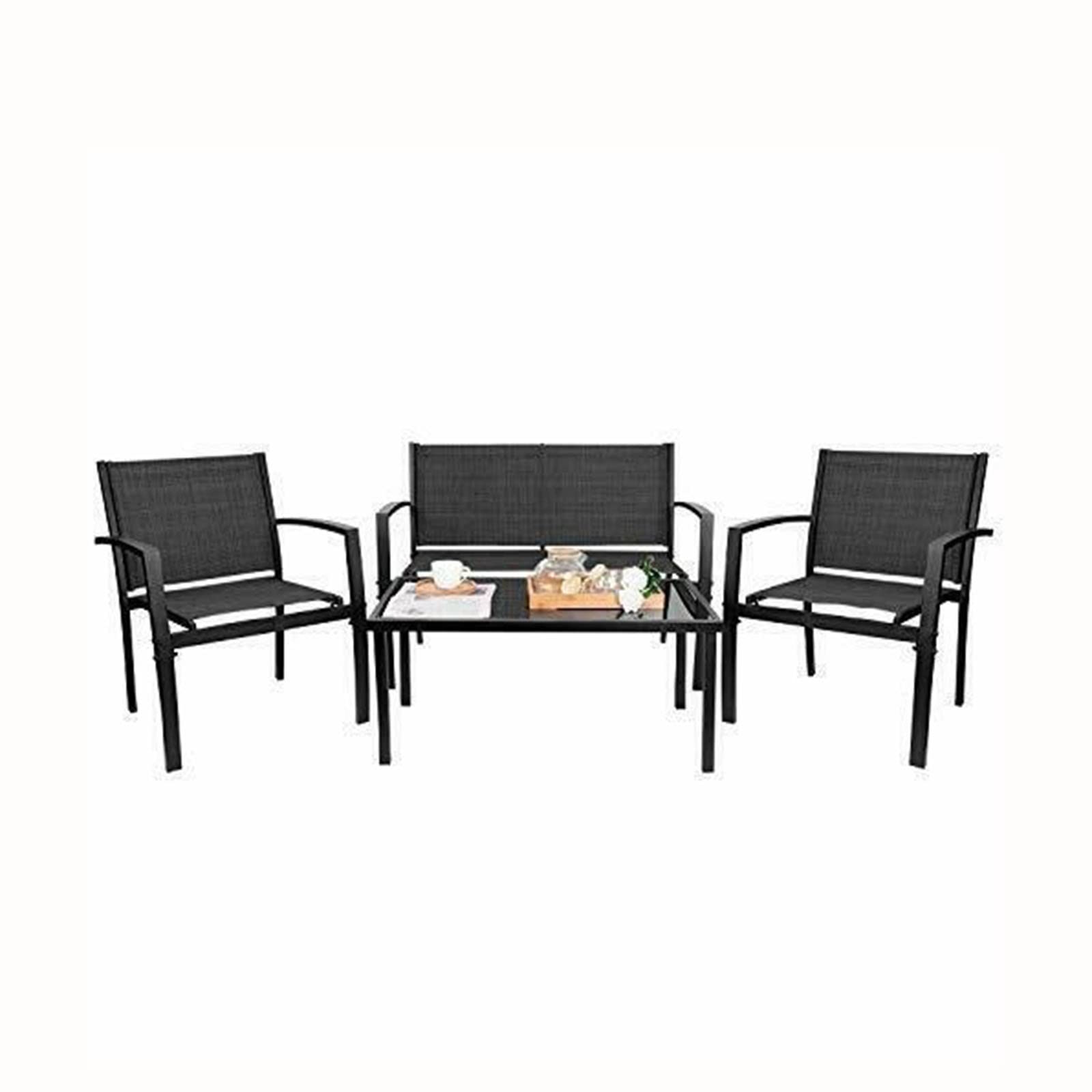 ALIDAM 4-Piece Black Patio Furniture Set - Modern Outdoor Conversation Set with Sturdy & Durable Material, Easy Assembly - Perfect for Garden, Backyard, Deck or Poolside Relaxation