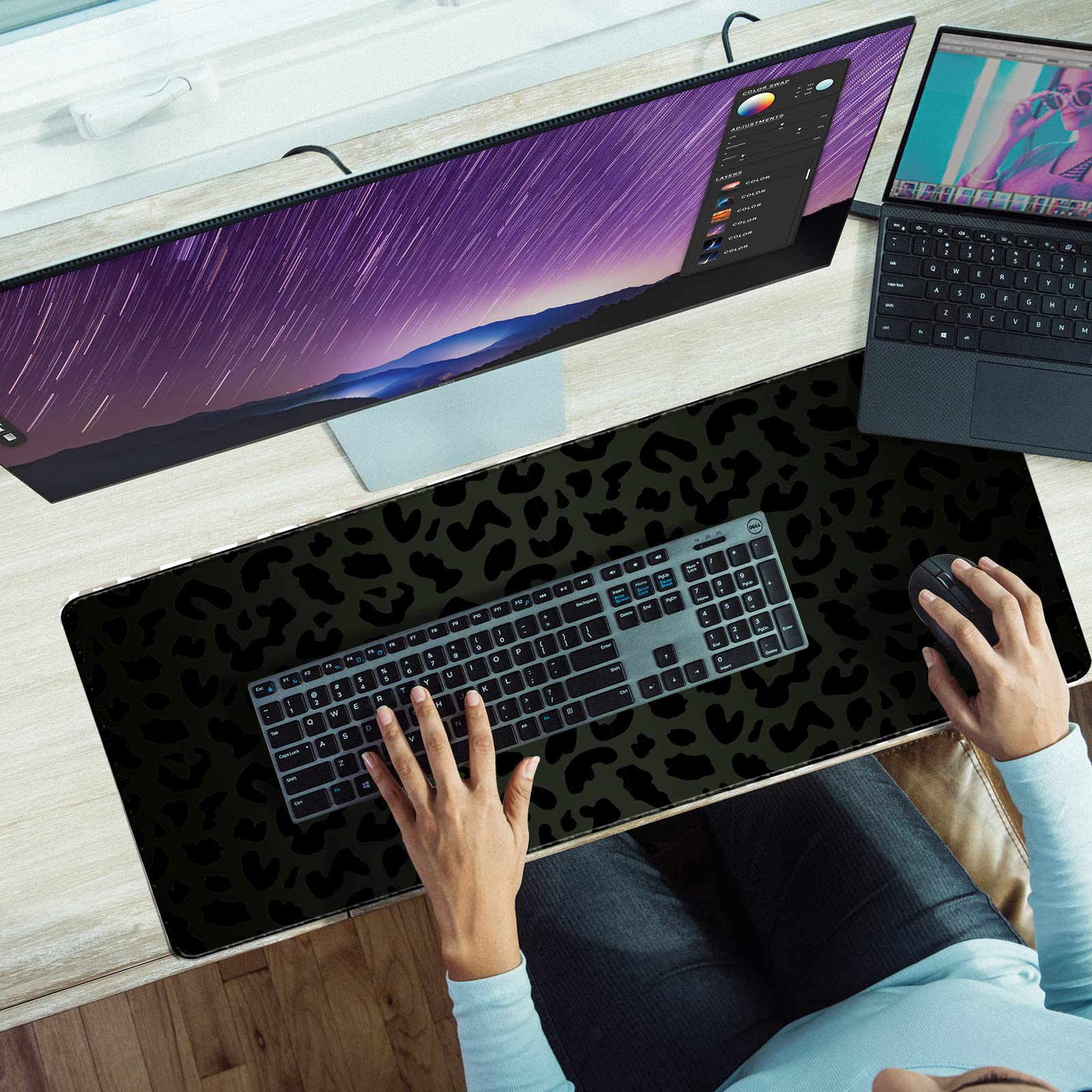 Extra Large Gaming Mouse Pad (31.5x15.7 Inch) - Non-Slip Base & Stitched Edges Desk Mat for Office Work & PC Gaming - Black Leopard Cheetah Design - Perfect for Computer Desks, Home Office & Esports Setups
