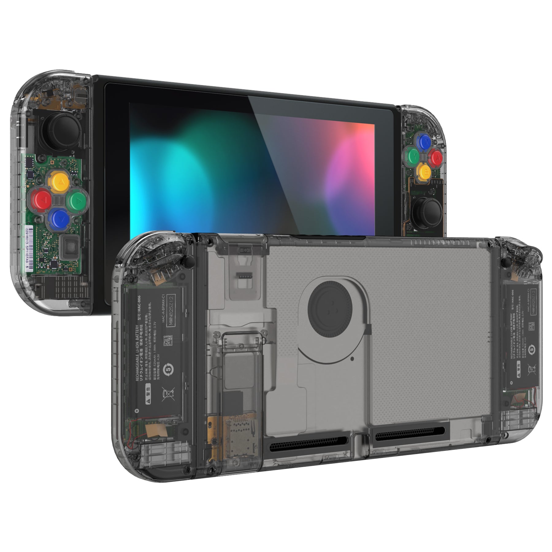 eXtremeRate Crystal Clear Black Back Plate Replacement Shell for Nintendo Switch & Joy-Con Controllers - Full Set Buttons Included - DIY Gaming Accessory for Enhanced Handheld Experience | Perfect for Switch Modding, Customization & Repair Projects