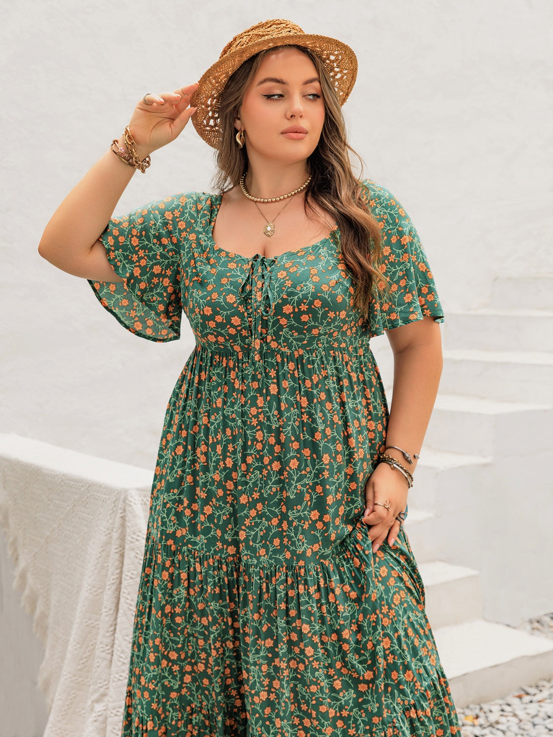 Plus Size Dark Green Floral Summer Maxi Dress for Women - Elegant Boho Long Dress with Pockets - Perfect for Beach Vacations, Weddings & Date Nights