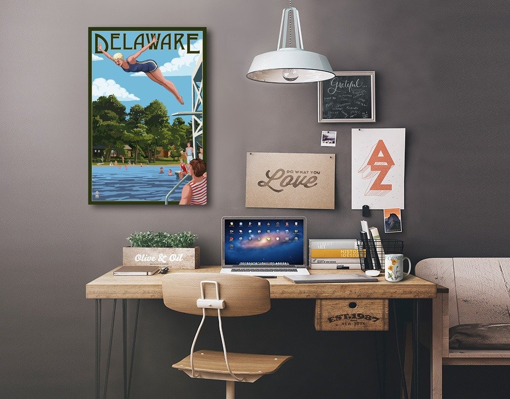 Delaware Woman Diving and Lake Art Print - 24x36 Wrapped Canvas Wall Decor for Living Room, Bedroom & Office - Nature Landscape Painting for Home Decor