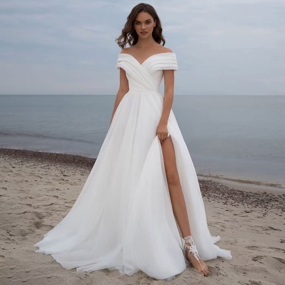 2023 Off Shoulder Tulle Prom Dresses with Slit & Ruched Detail - Elegant Long Wedding Ball Gowns for Women | Perfect for Formal Dances, Galas & Special Occasions