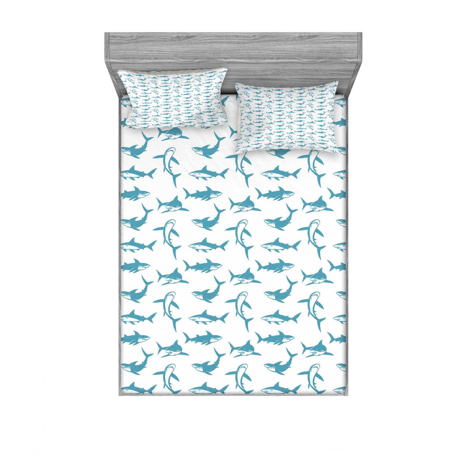 Ambesonne Shark 2-Pack Full Size Fitted Sheet & Pillow Sham Set - Scary Predator Ocean Theme Bedding Decor (4-Piece Set, Blue & White) for Kids' Room, Beach House, or Shark Lover's Bedroom