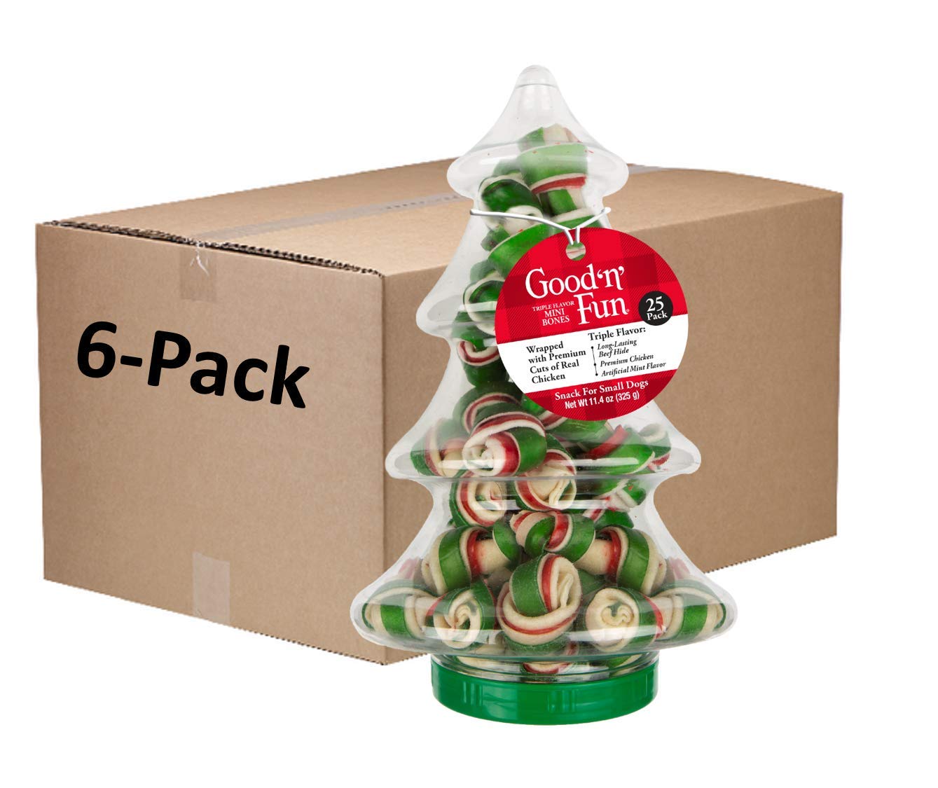 Good'n'Fun Triple Flavor Mini Bones Holiday Dog Treats - 25 Count (Pack of 6) | Natural Chew Snacks for Small Dogs | Perfect for Christmas Stocking Stuffers & Training Rewards