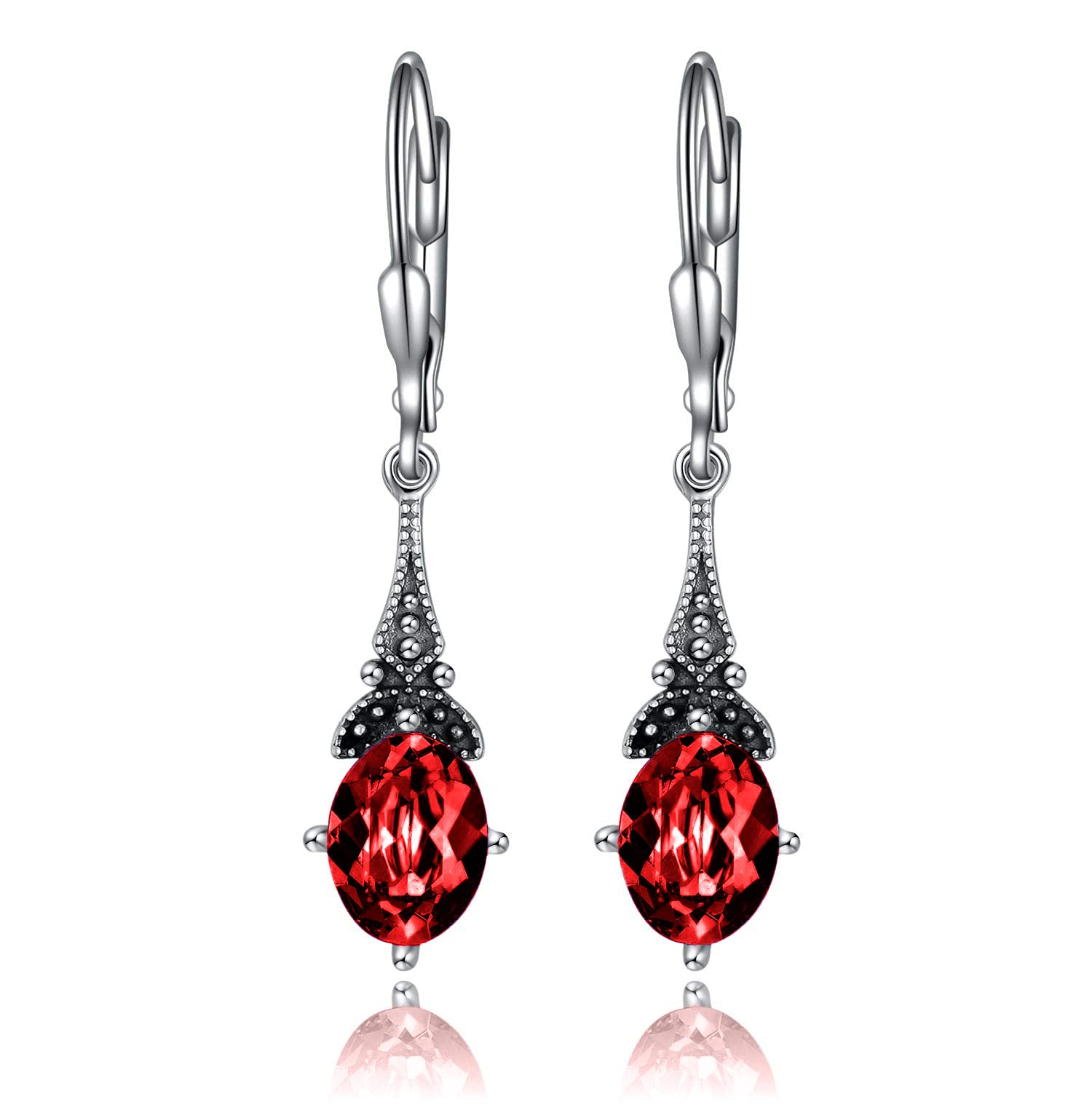 Vintage Sterling Silver Leverback Drop Dangle Earrings for Women - 8x6mm Oval Genuine/Simulated Birthstone Crystal from Austria - Perfect Birthday Gift Jewelry for Her | Elegant Retro Style for Parties, Weddings & Special Occasions