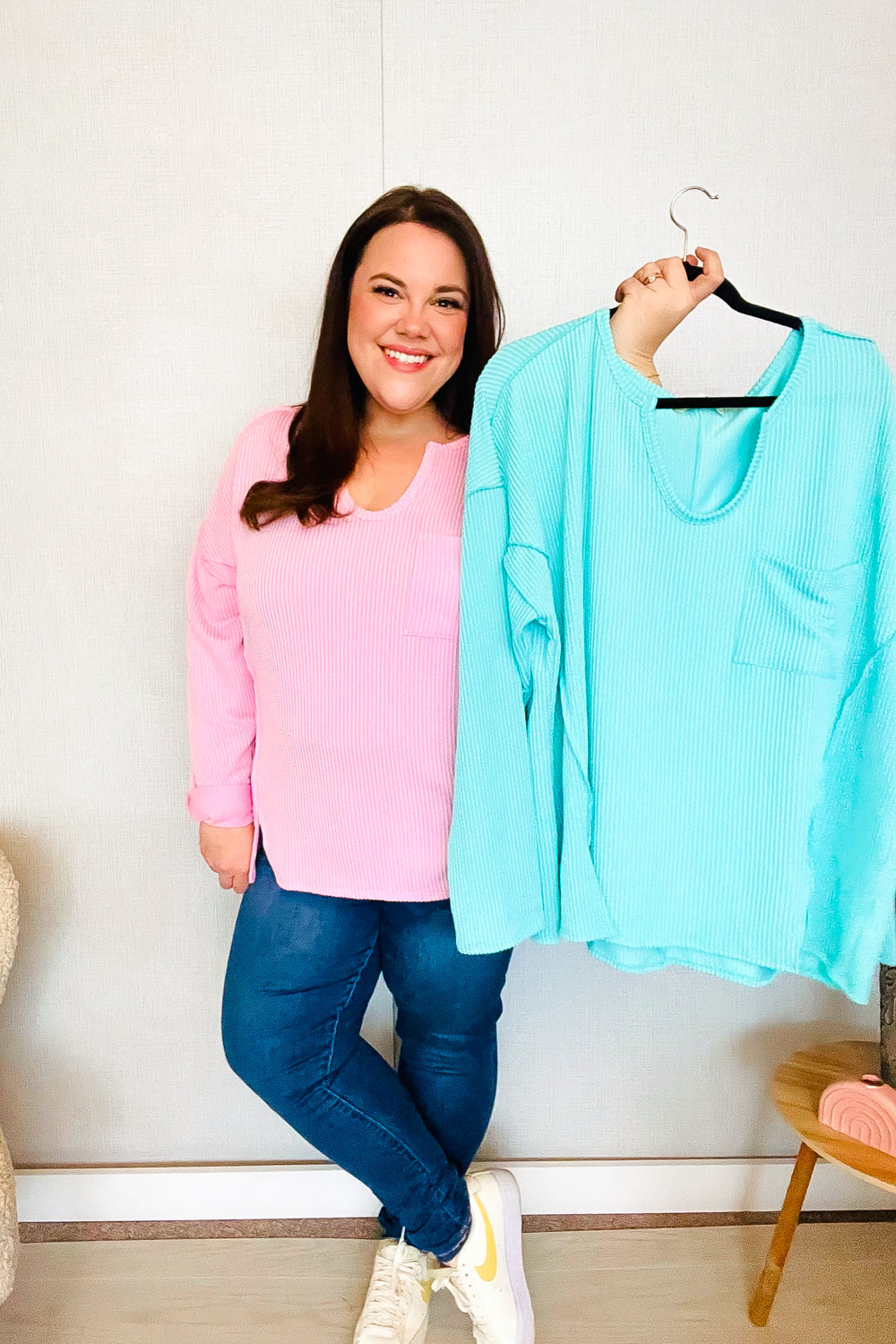 Eyes On You Seafoam Green Mineral Wash Ribbed Notch Neck Pocket T-Shirt | Casual Women's Top for Summer Outfits & Beach Wear