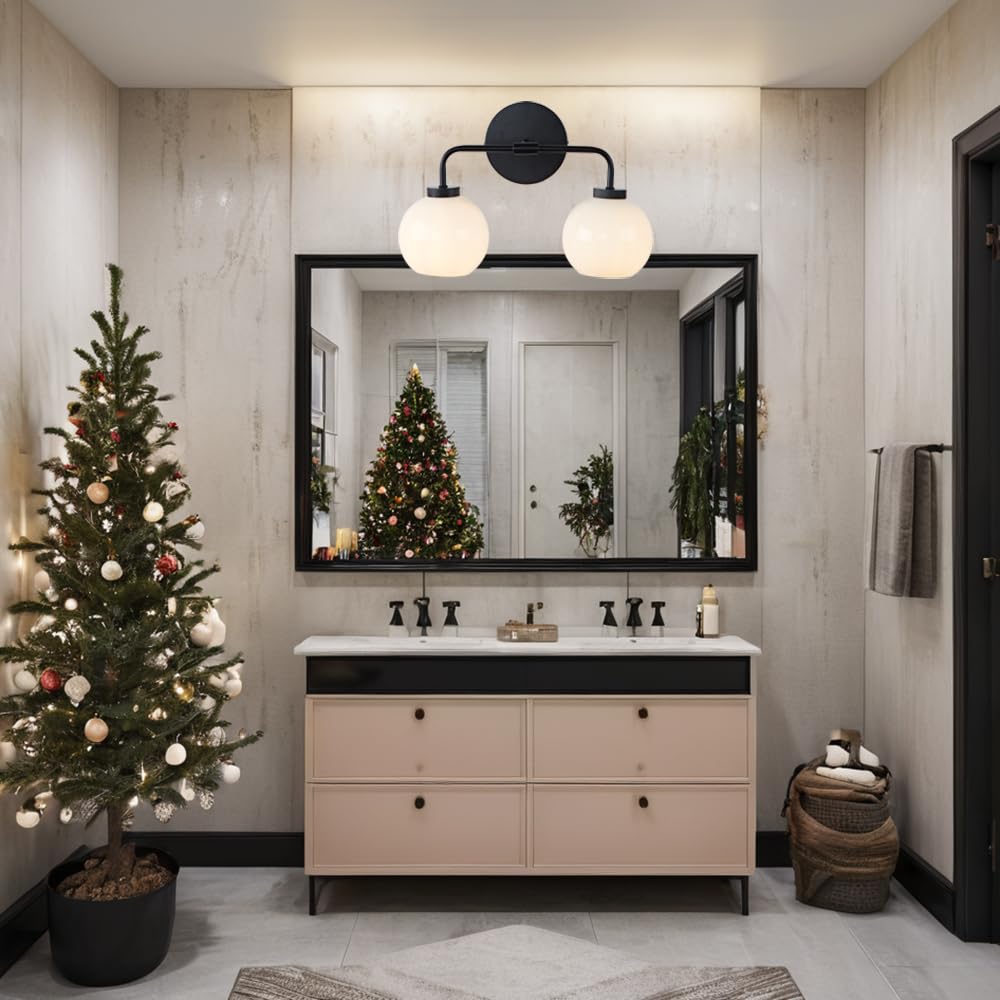 17 Inch Modern Glass Globe Double Sconce Wall Light - Matte Black Metal Finish with Hand-Polished Milky Glass Shade - Elegant Vanity Lighting for Bedroom, Bathroom & Over Mirror - Perfect for Indoor Home Decor & Ambient Lighting