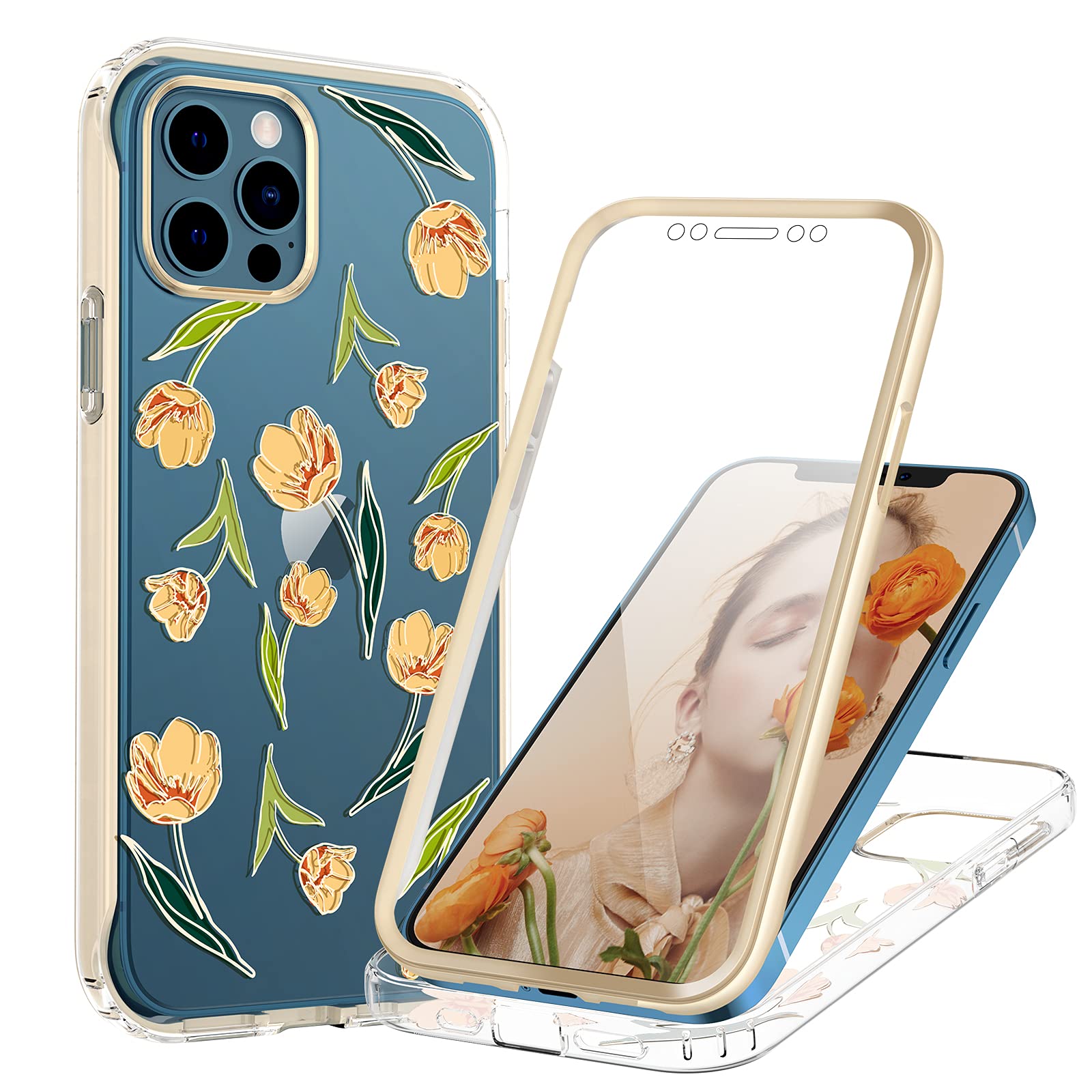 VEGO iPhone 12 Pro Max Case with Tempered Glass Screen Protector - Clear 360° Full Body Shockproof Cover with Floral Design for 6.7 inch iPhone 12 Pro Max - Perfect Gift for Women & Girls (Tulip Pattern) - Ideal for Daily Use, Travel Protection & Fashion Accessory