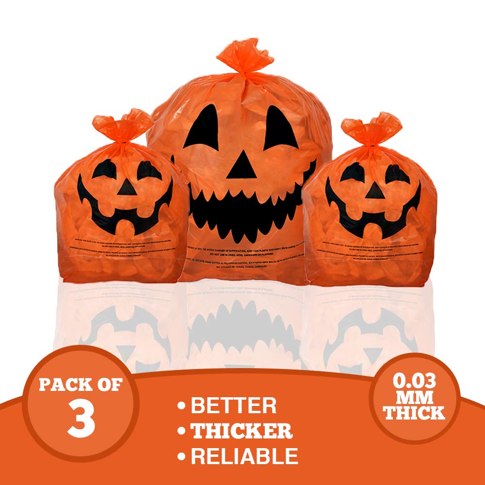 KINREX Halloween Pumpkin Leaf Bags - 3 Pack Orange Plastic Lawn Bags with Twist Ties for Fall Yard Decor | Jack O' Lantern Outdoor Trash Bags | Perfect for Autumn Leaf Cleanup & Spooky Halloween Decorations