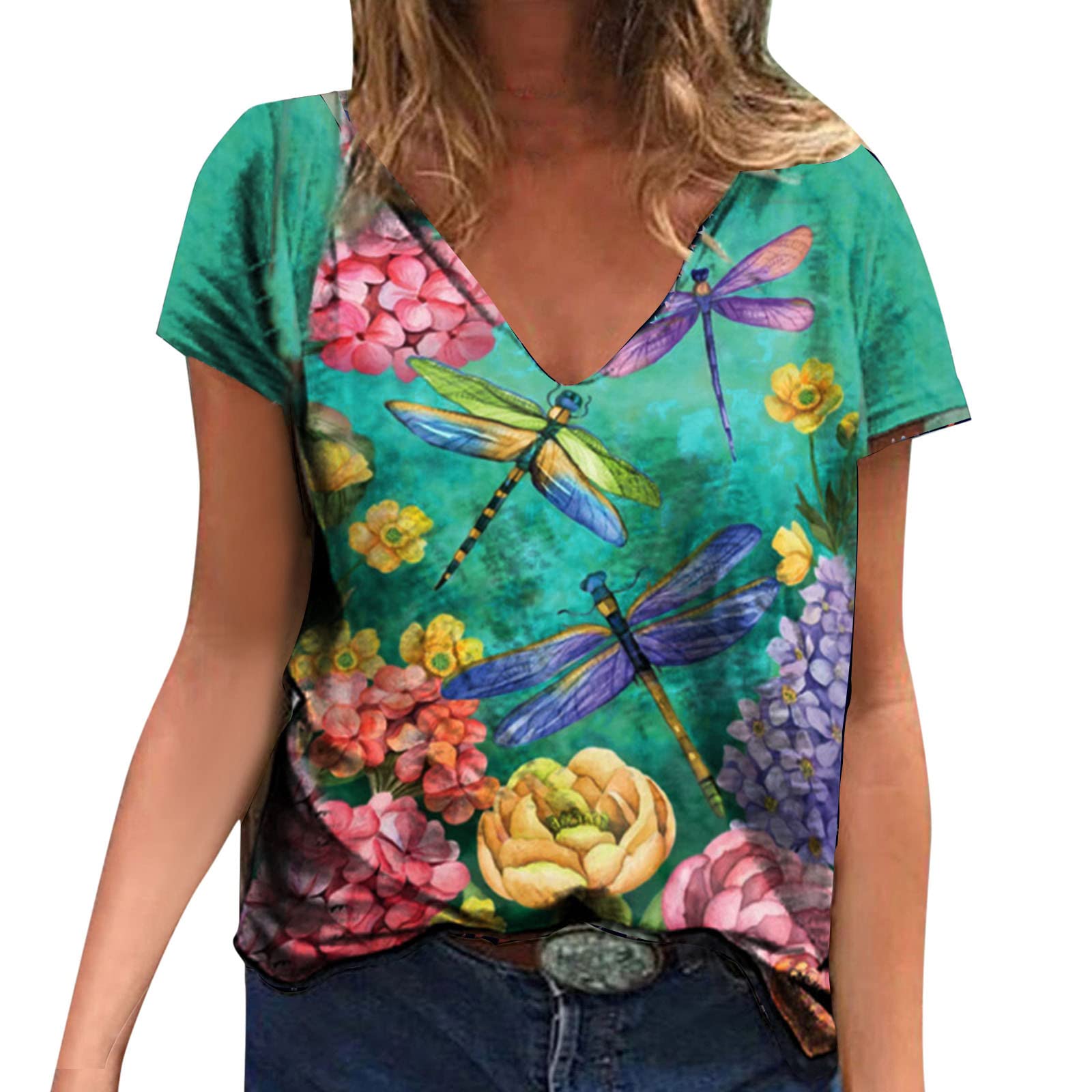 Women's Casual Summer V-Neck Printed T-Shirt - Short Sleeve Loose Fit Tunic Blouse for Everyday Wear | Perfect for Beach, Shopping & Casual Outings