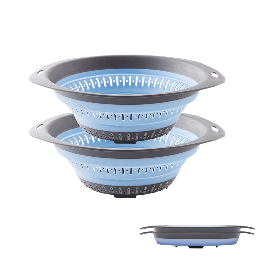 2-Pack Collapsible Silicone Colander - BPA Free, Dishwasher Safe Pasta & Vegetable Strainer with Quick Drainage - Perfect for Cooking, Washing Fruits, and Draining Pasta (Blue)
