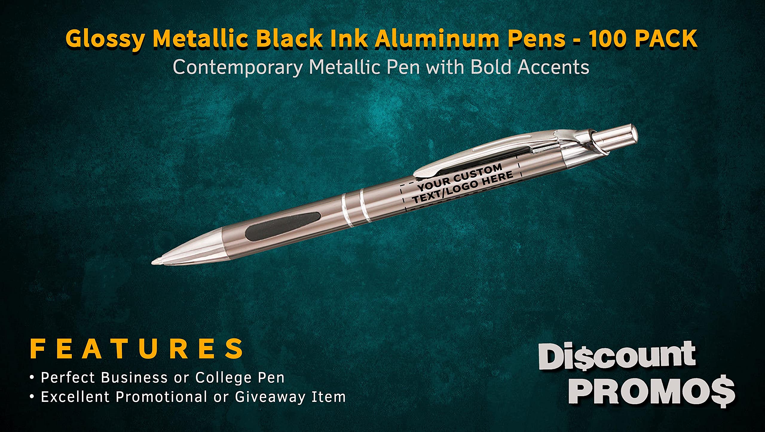 100 Pack Black Ink Metal Pens with Custom Text & Logo - Retractable Ballpoint Pens with Silver Accents - Premium Office & School Supplies for Business Gifts, Promotions & Everyday Writing