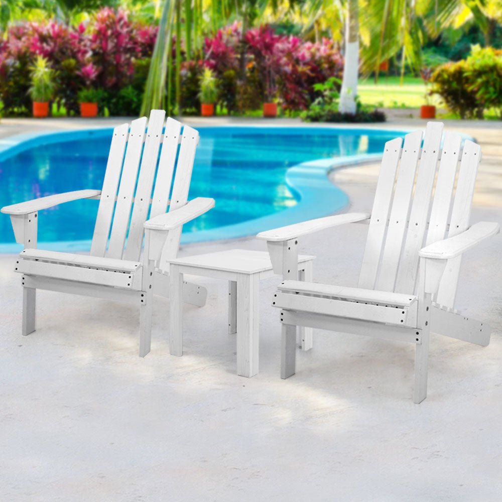 3-Piece White Wooden Adirondack Outdoor Table and Chairs Set - Perfect for Beach, Patio, Garden, and Backyard Relaxation