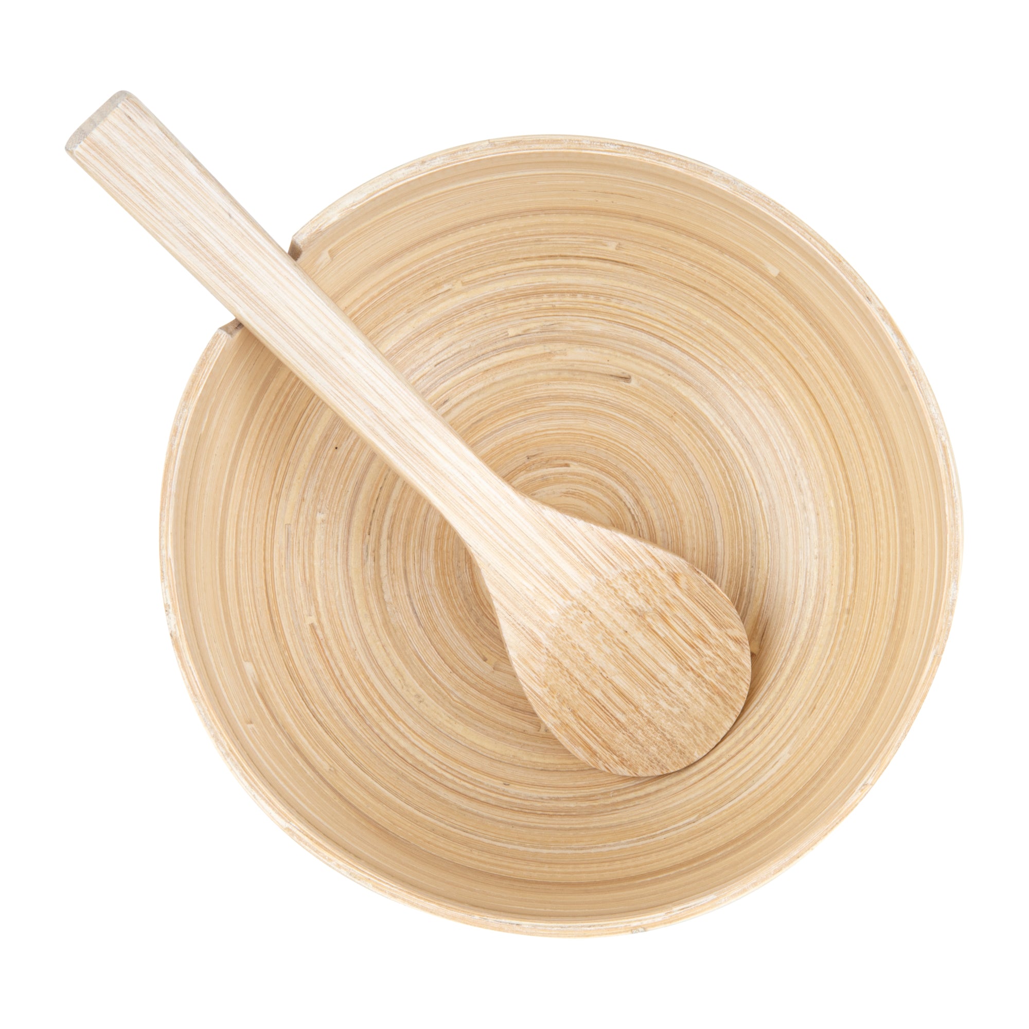 Bambuddha 25 oz Round Natural Spun Bamboo Serving Bowl with Serving Spoon - 7.75