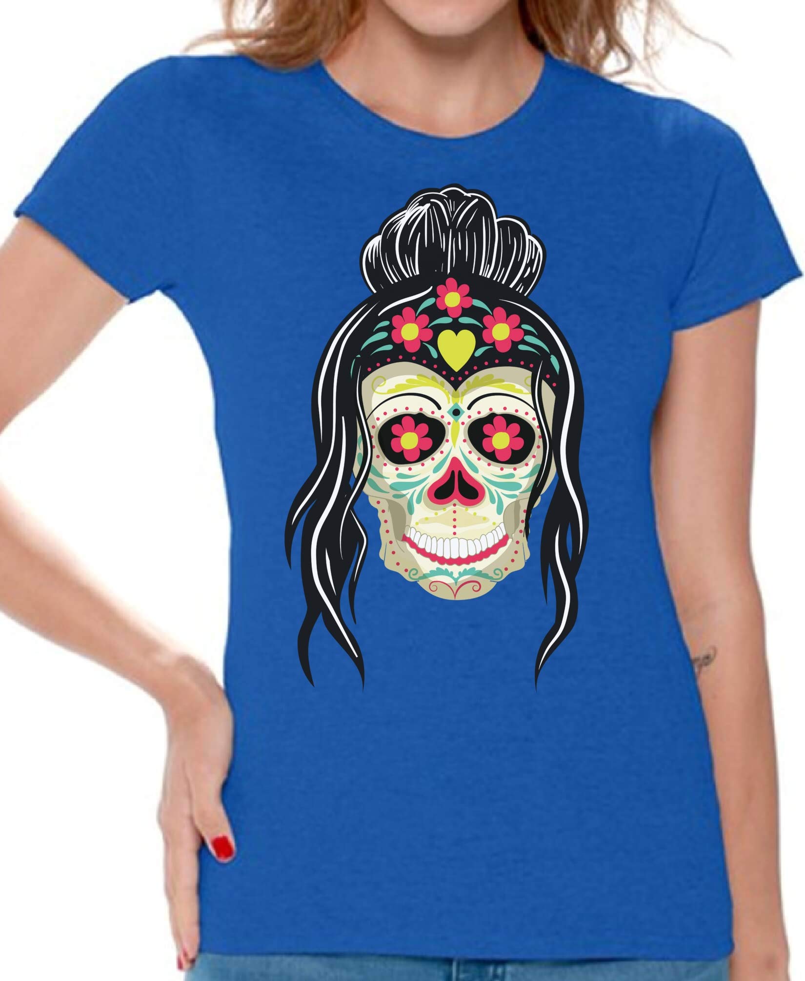 Awkward Styles Skull Print T-Shirt | Mexican Sugar Skull Graphic Tee for Women | Casual Wear, Halloween Costume & Day of the Dead Outfit